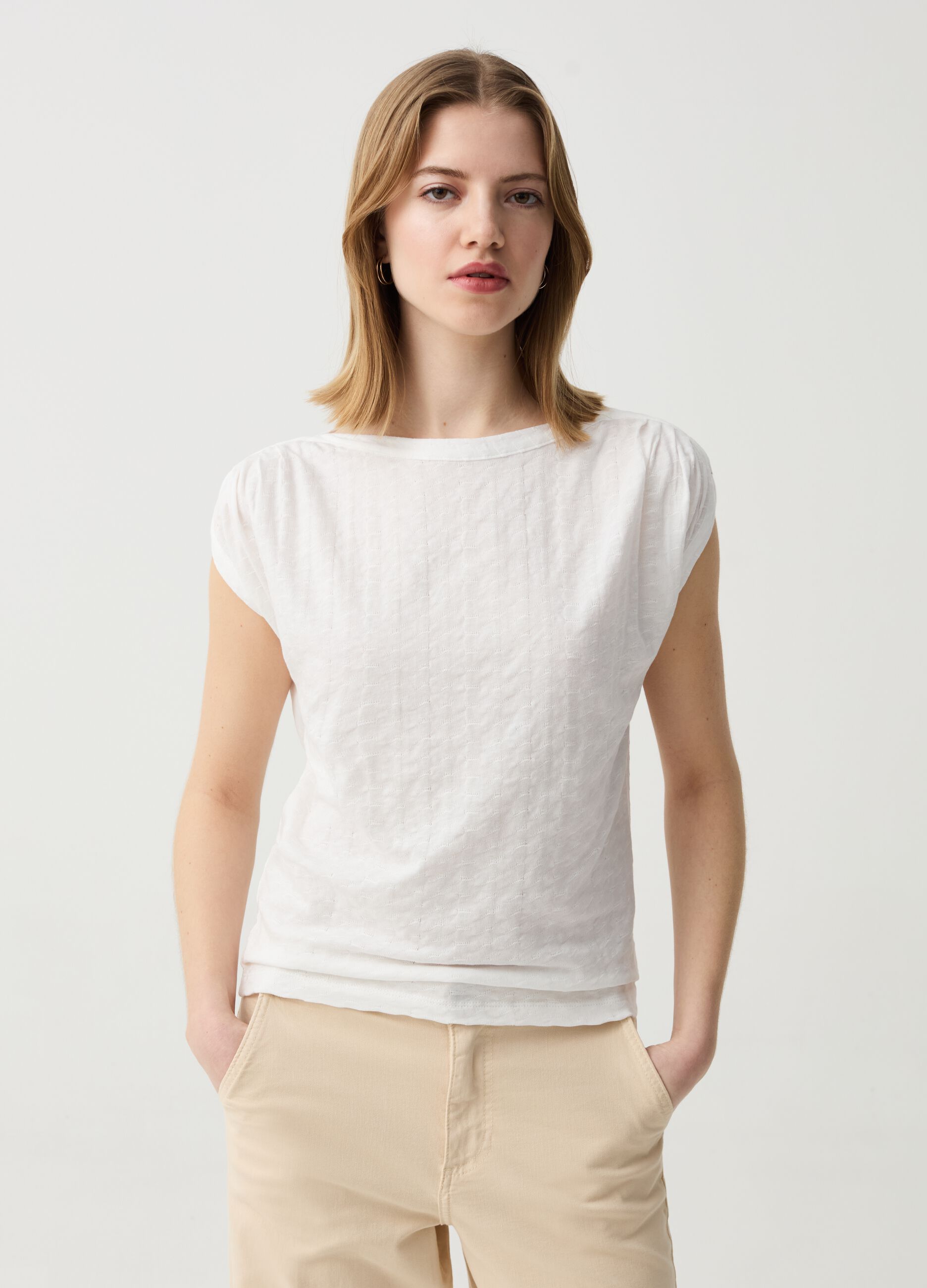 Sleeveless top in jersey with woven texture