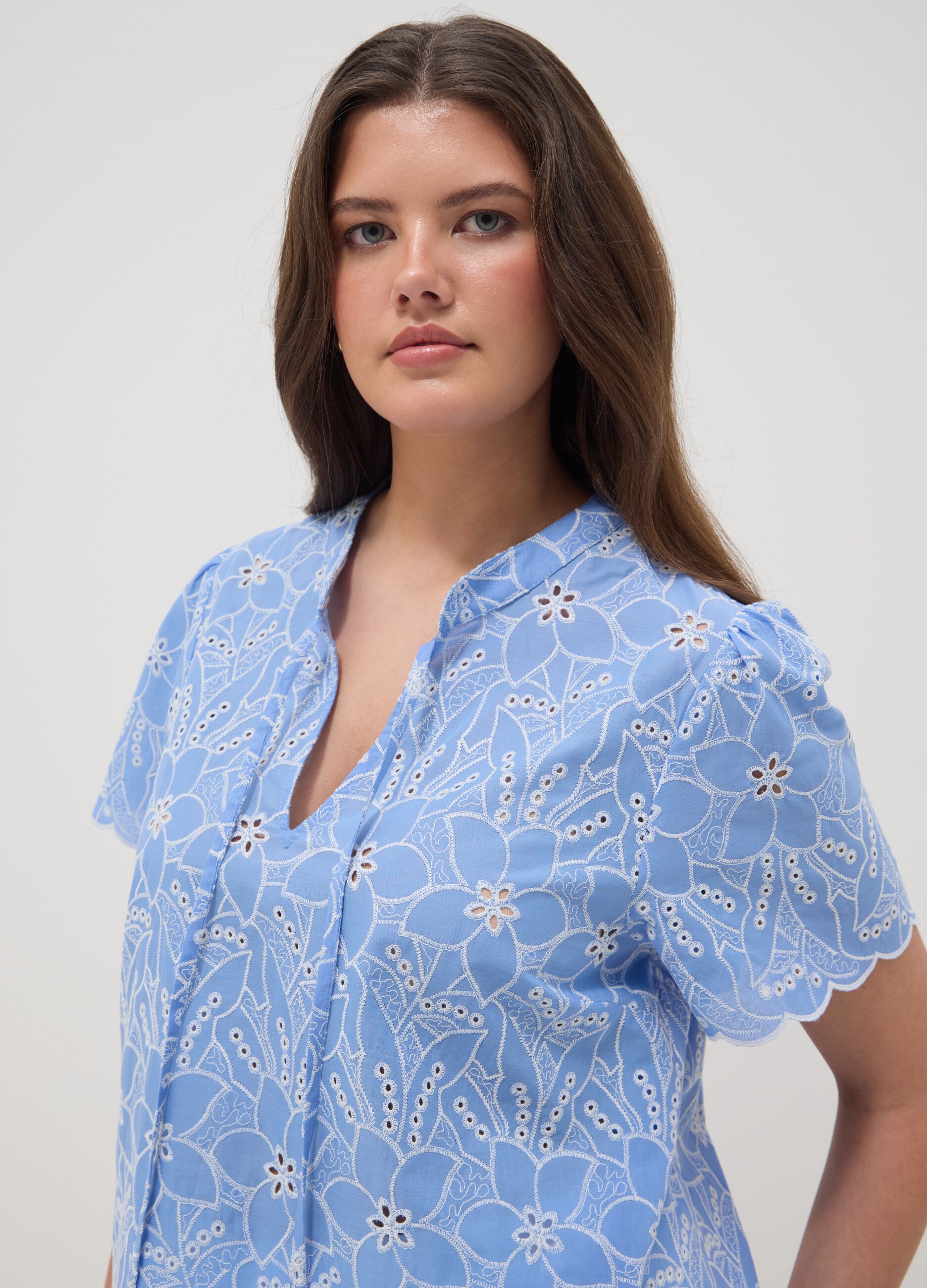 Sky-blue pure cotton broderie anglaise blouse