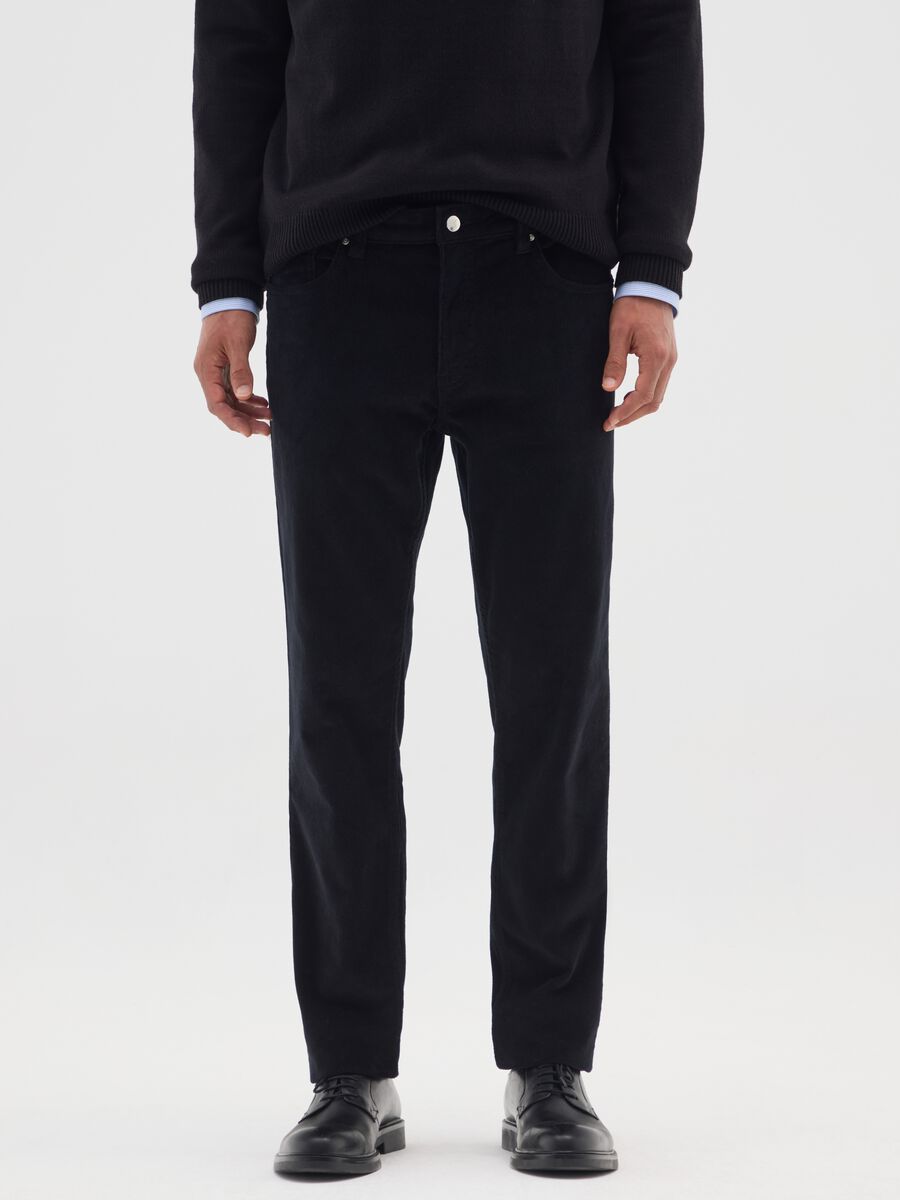 Pantaloni in cotone elasticizzato neri slim fit a coste_1