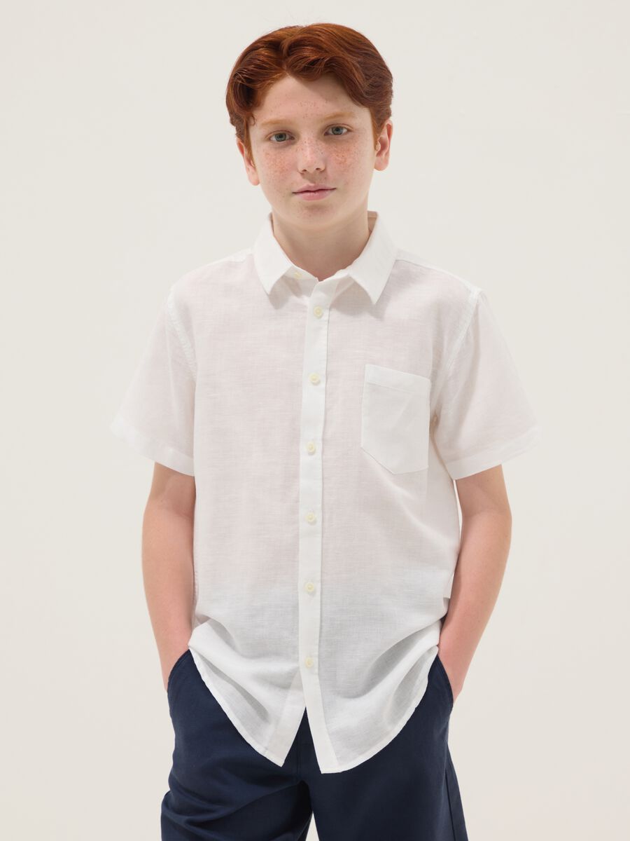 Camicia bianca in misto lino e cotone da ragazzo regular fit_0