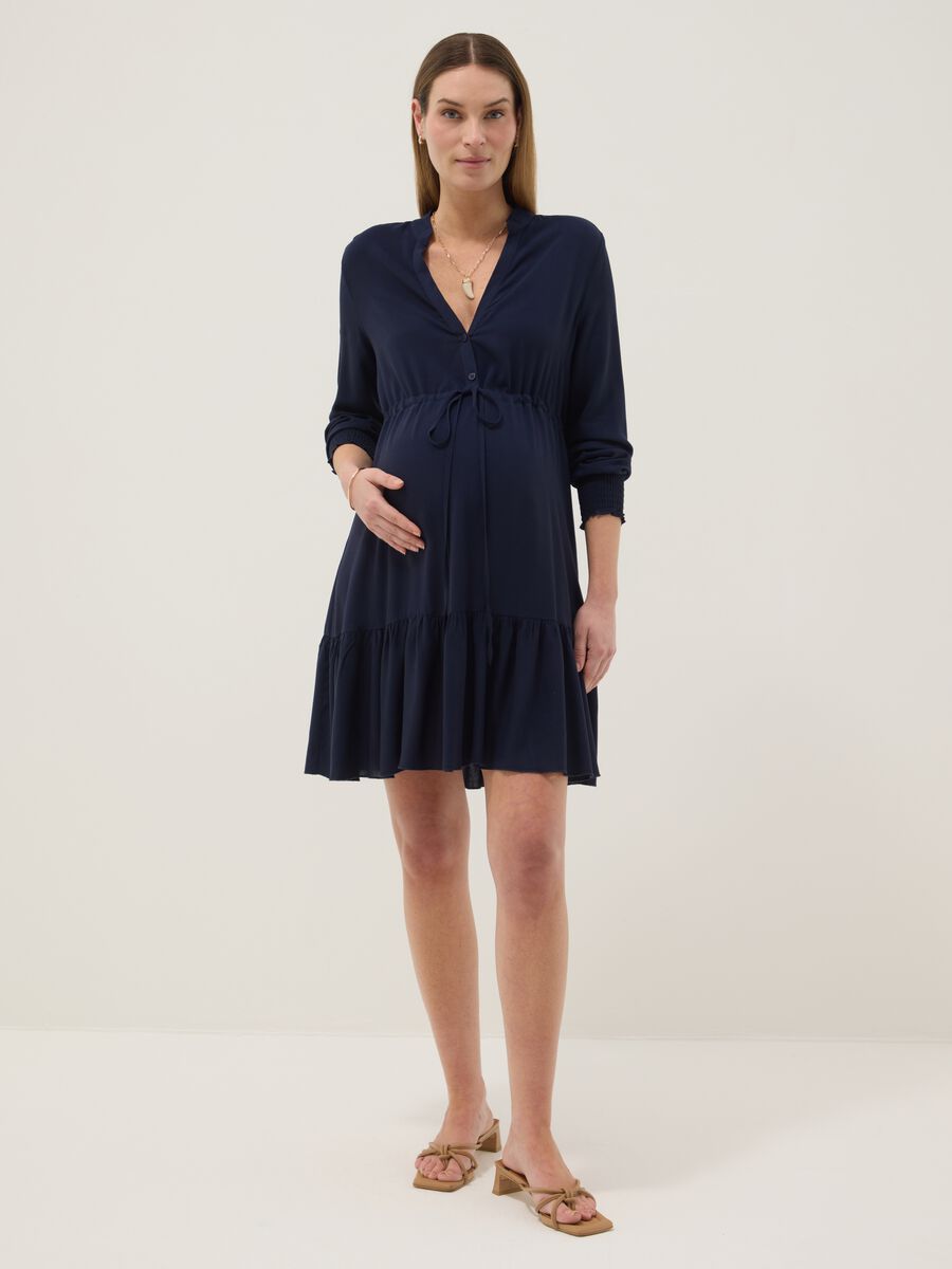 Abito blu premaman in pura viscosa con collo alla coreana_0