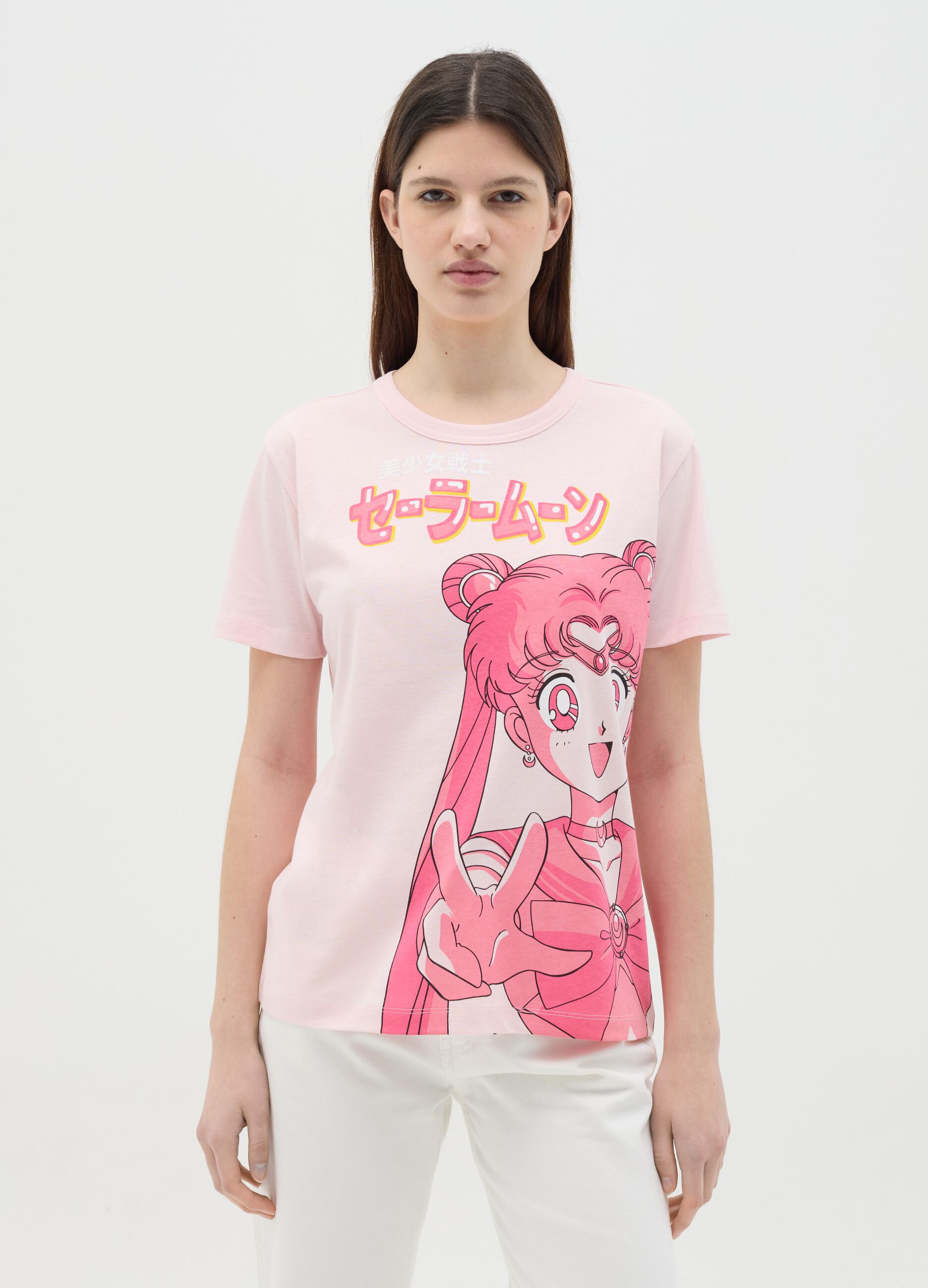 T-shirt rosa in cotone con stampa Sailor Moon