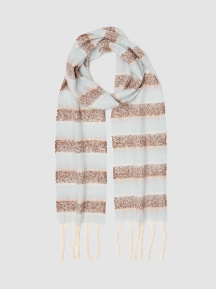 Blue and brown striped scarf with fringes_0