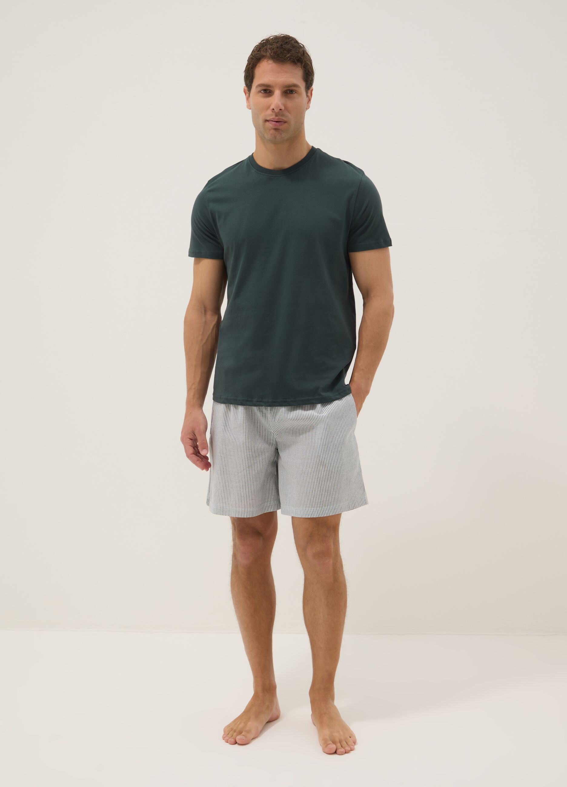 Green short-sleeve striped pyjama set in pure organic cotton jersey
