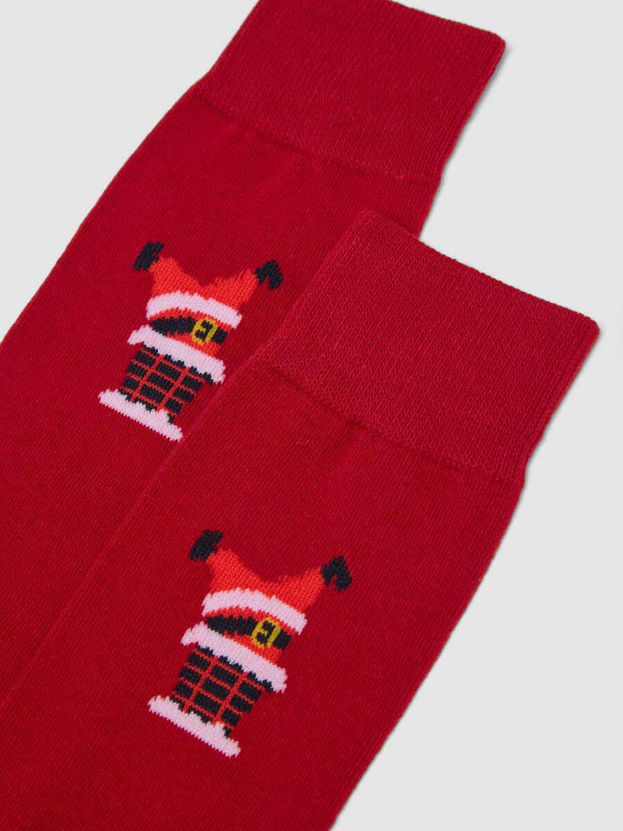 Calze lunghe rosse in misto cotone elasticizzato con motivo natalizio_1