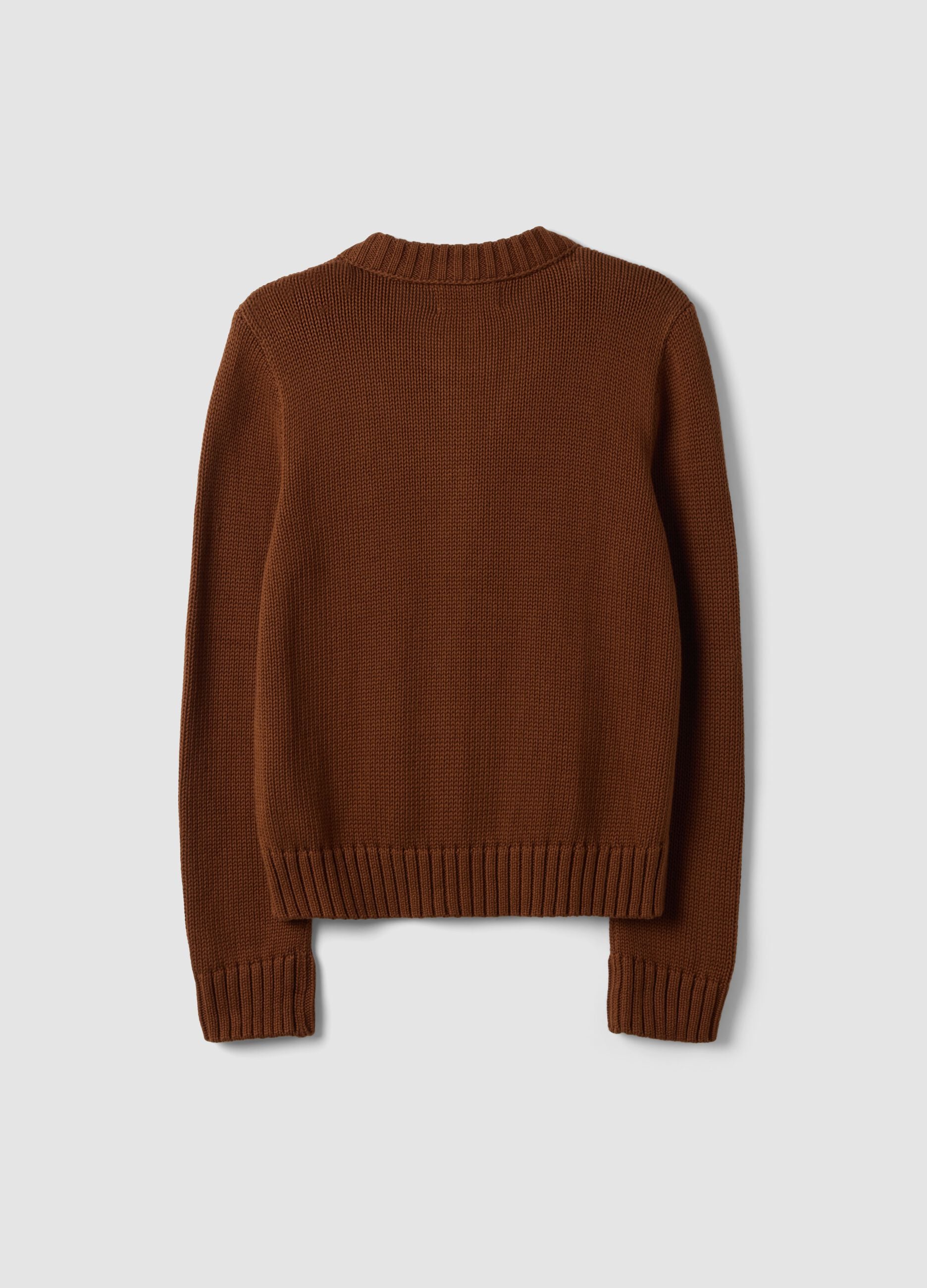 Brown pure cotton crew-neck cardigan with buttons, regular fit