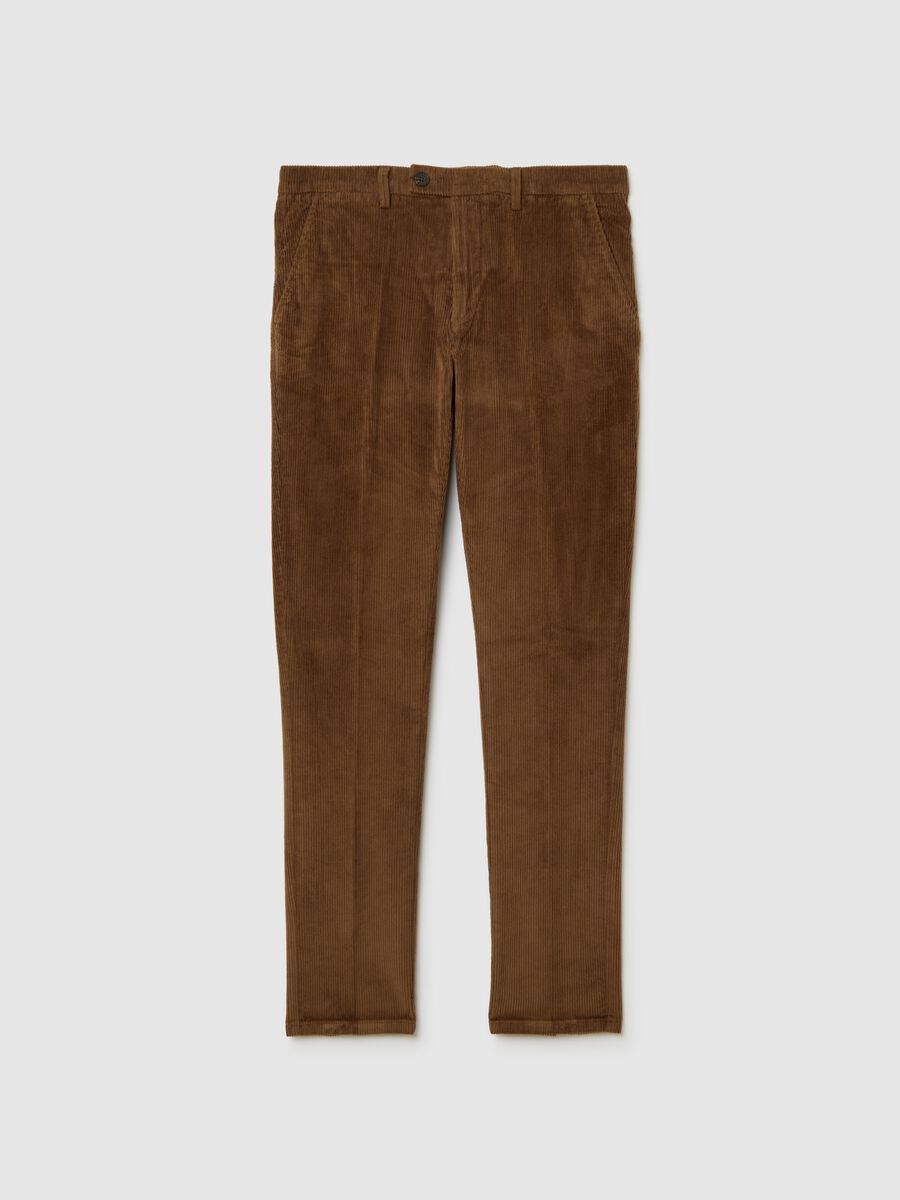 Brown regular fit stretch cotton trousers_0