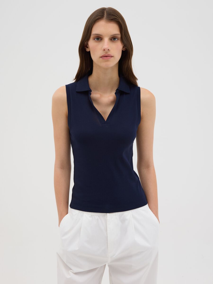 Women's Sleeveless Blue Cotton Top in Slim Fit_0