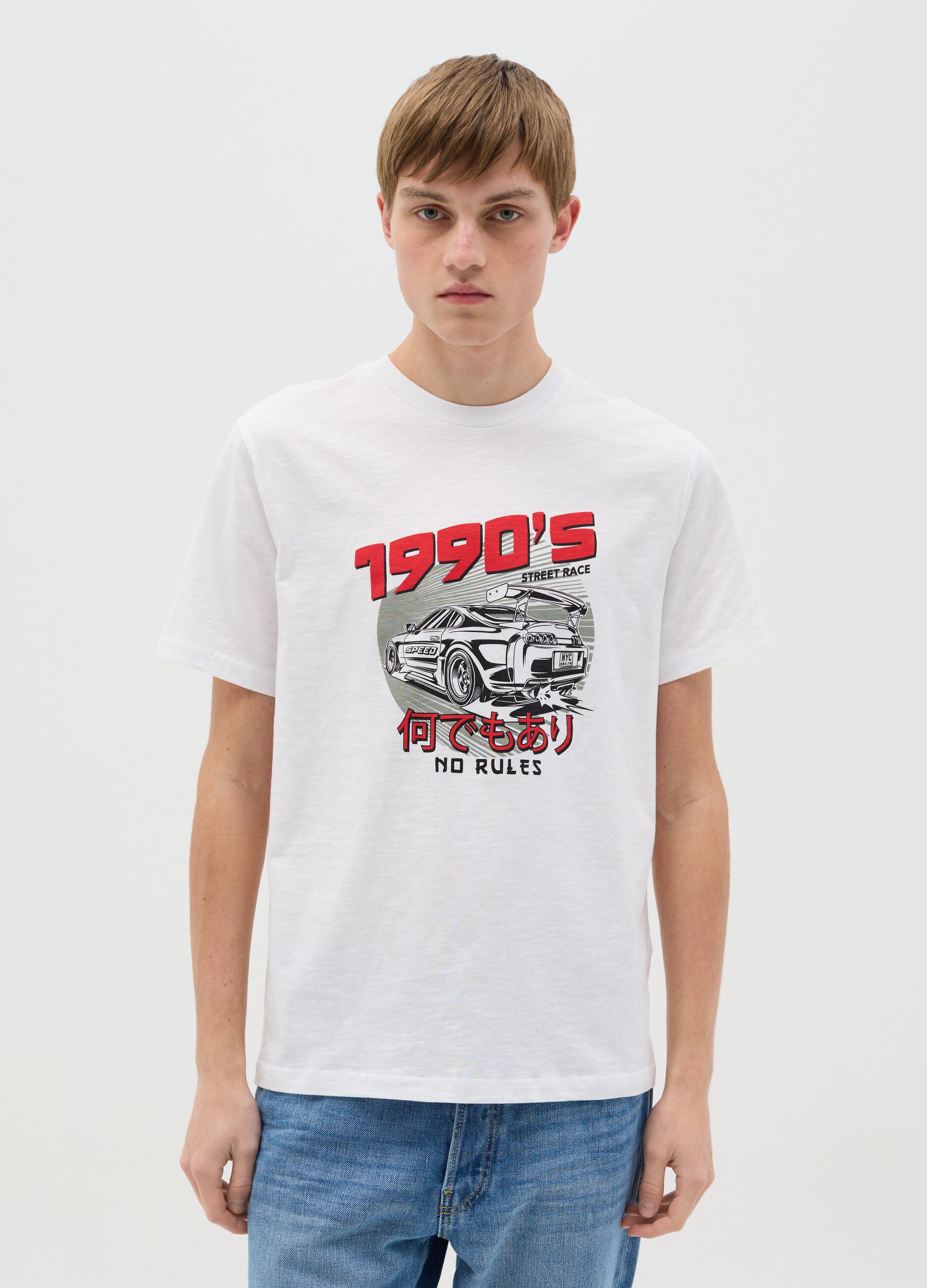 Cotton T-shirt with "1990'S" racing car print