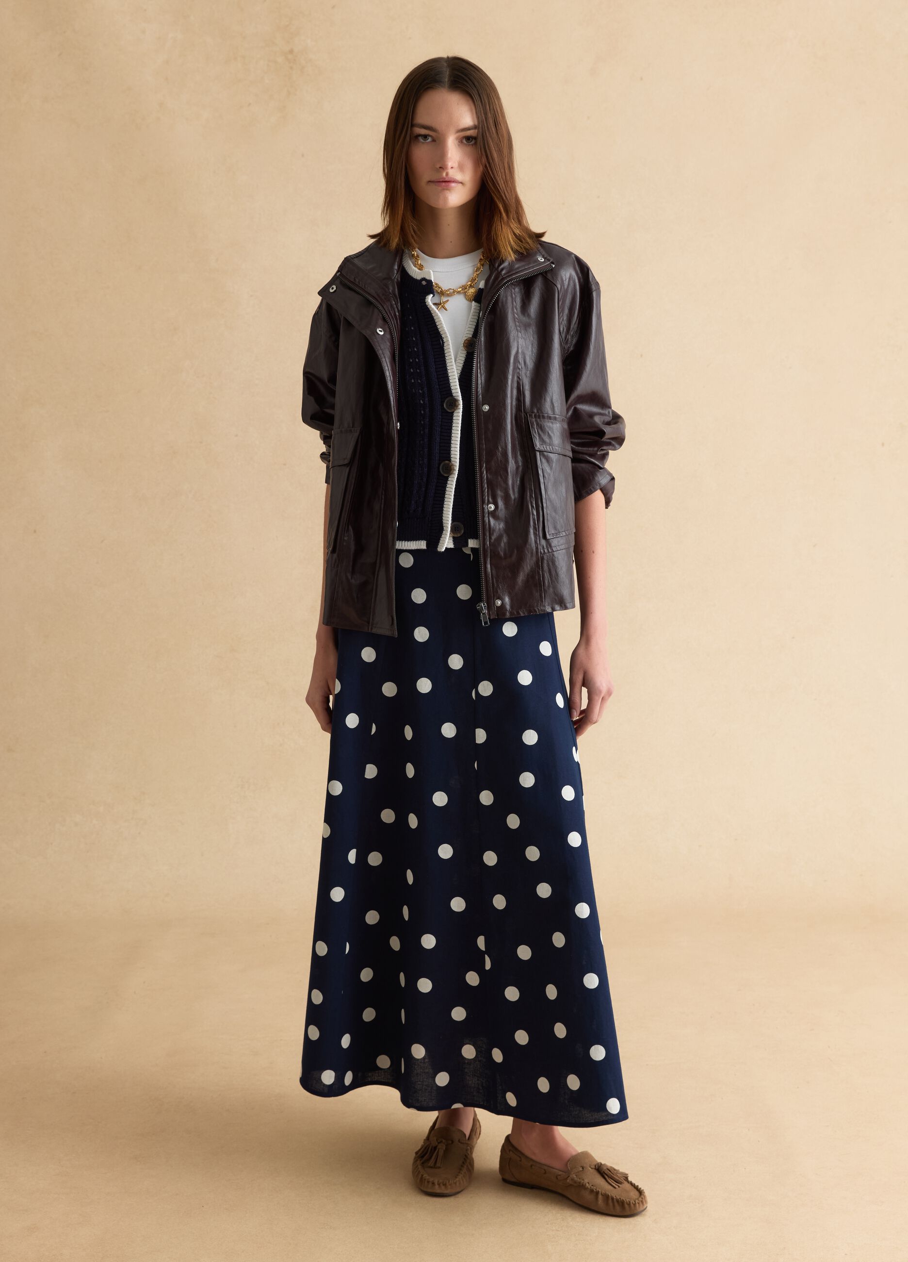 Long blue skirt with white polka dots in cotton and linen blend