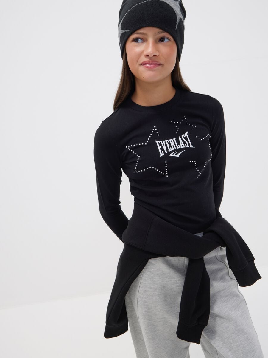 Black pure cotton T-shirt with applied stars, regular fit for girls_1
