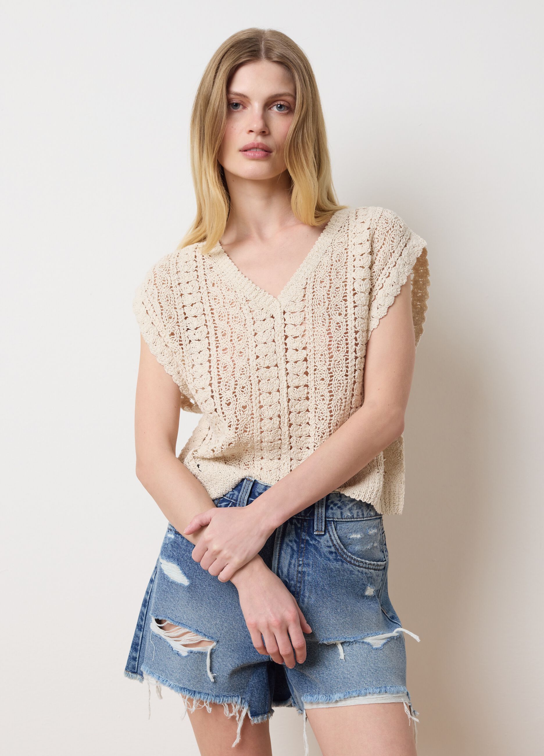 Top cropped da donna in cotone beige regular fit