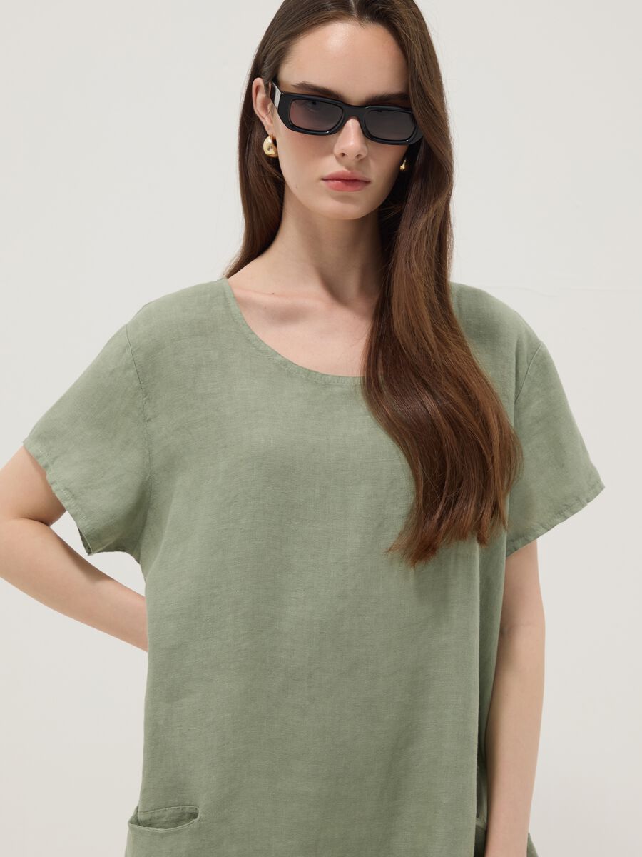Abito verde in puro lino con tasche regular fit_1