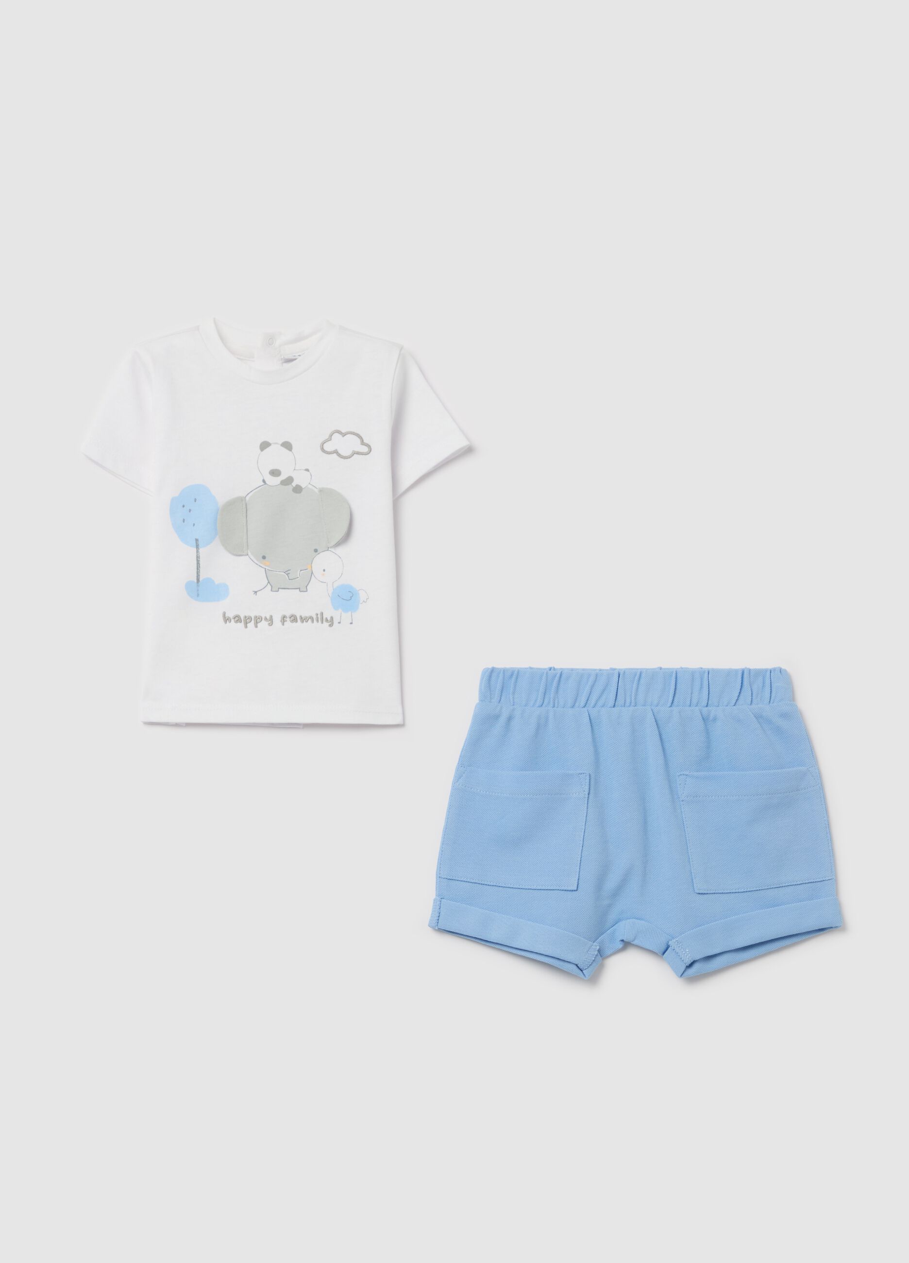 Cotton set with T-shirt with "Happy Family" embroidery and shorts