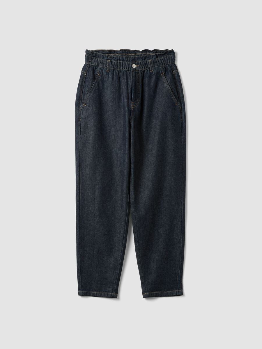 Blue denim baggy-fit pure cotton jeans with paper-bag waist_4