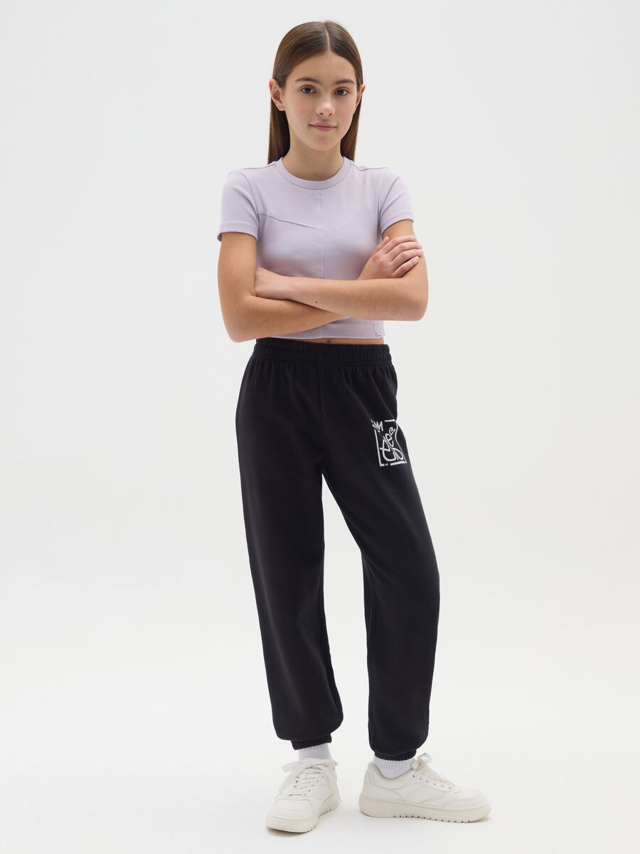 Girls' black jogger trousers in pure cotton with print_0