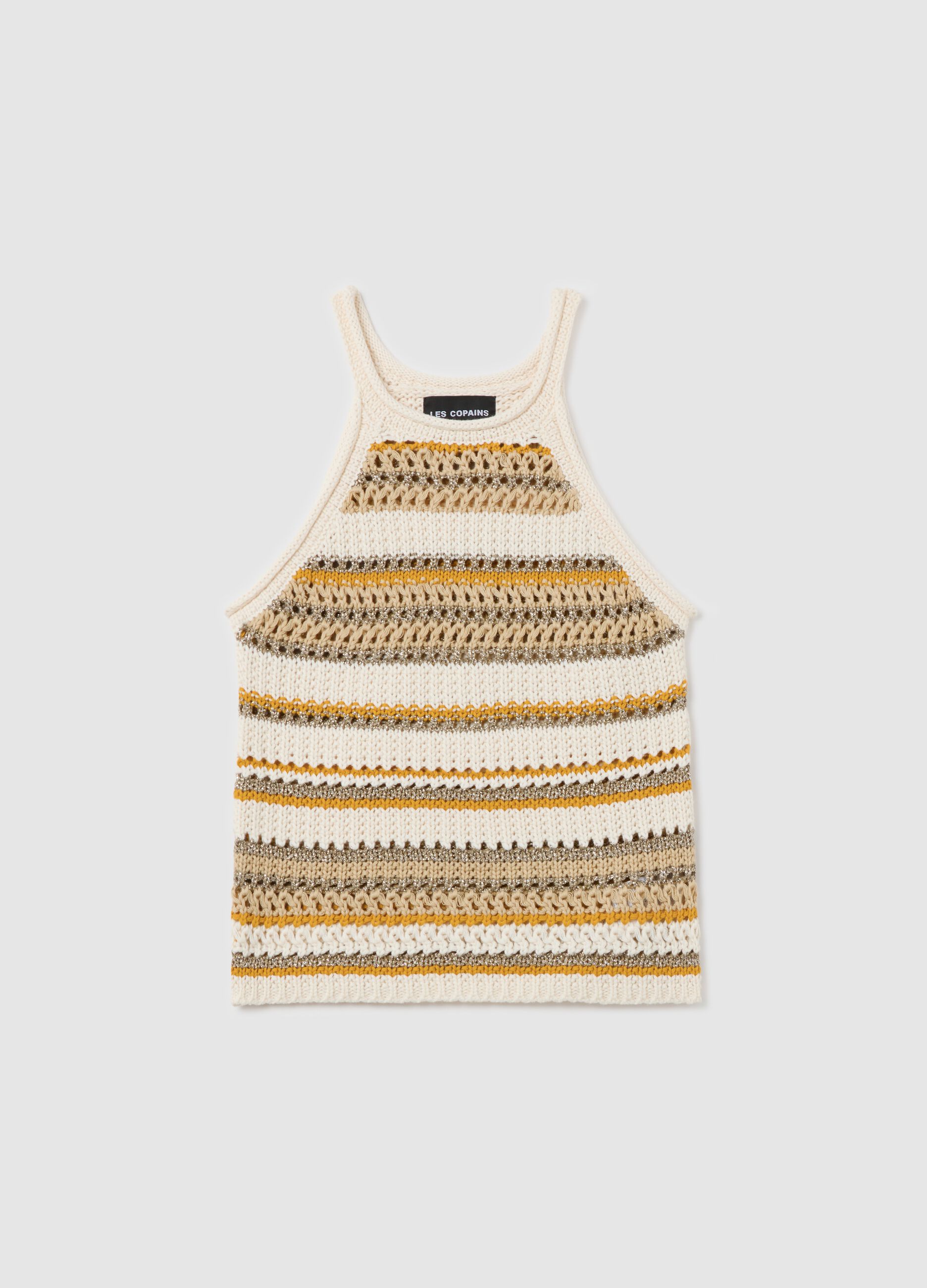 Beige and yellow striped crochet tank top with lurex details