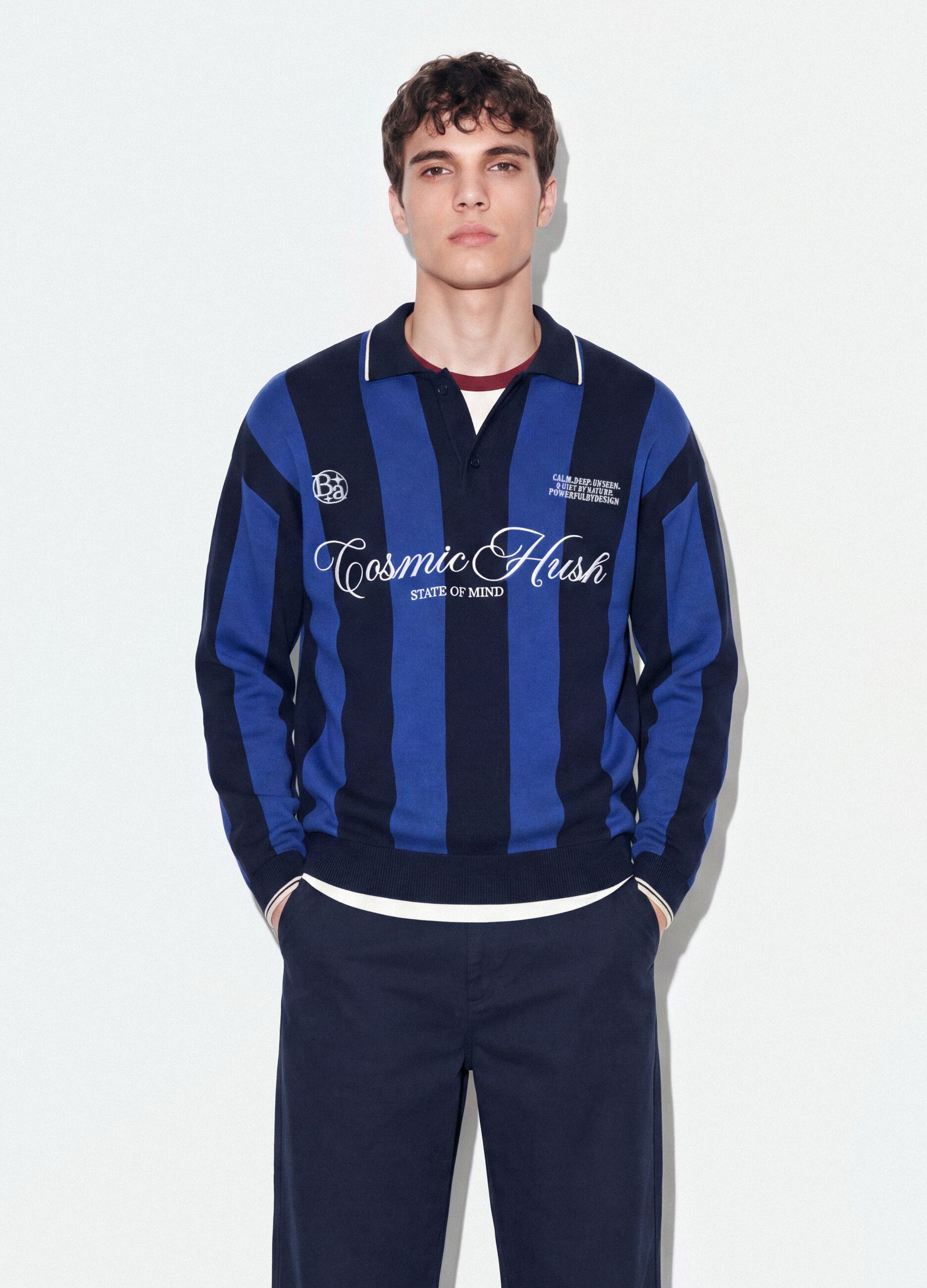 Blue and black pure cotton polo-collar top with oversized fit