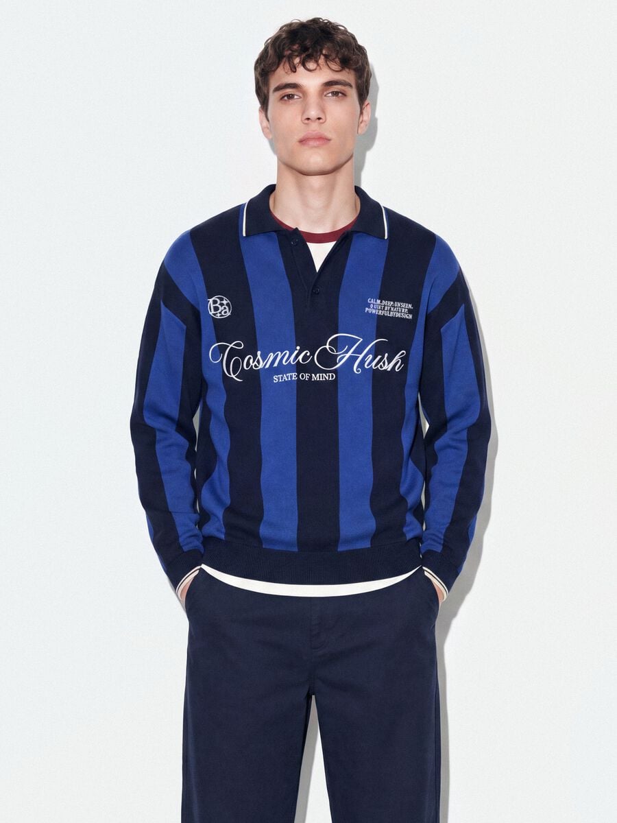 Blue and black pure cotton polo-collar top with oversized fit_0