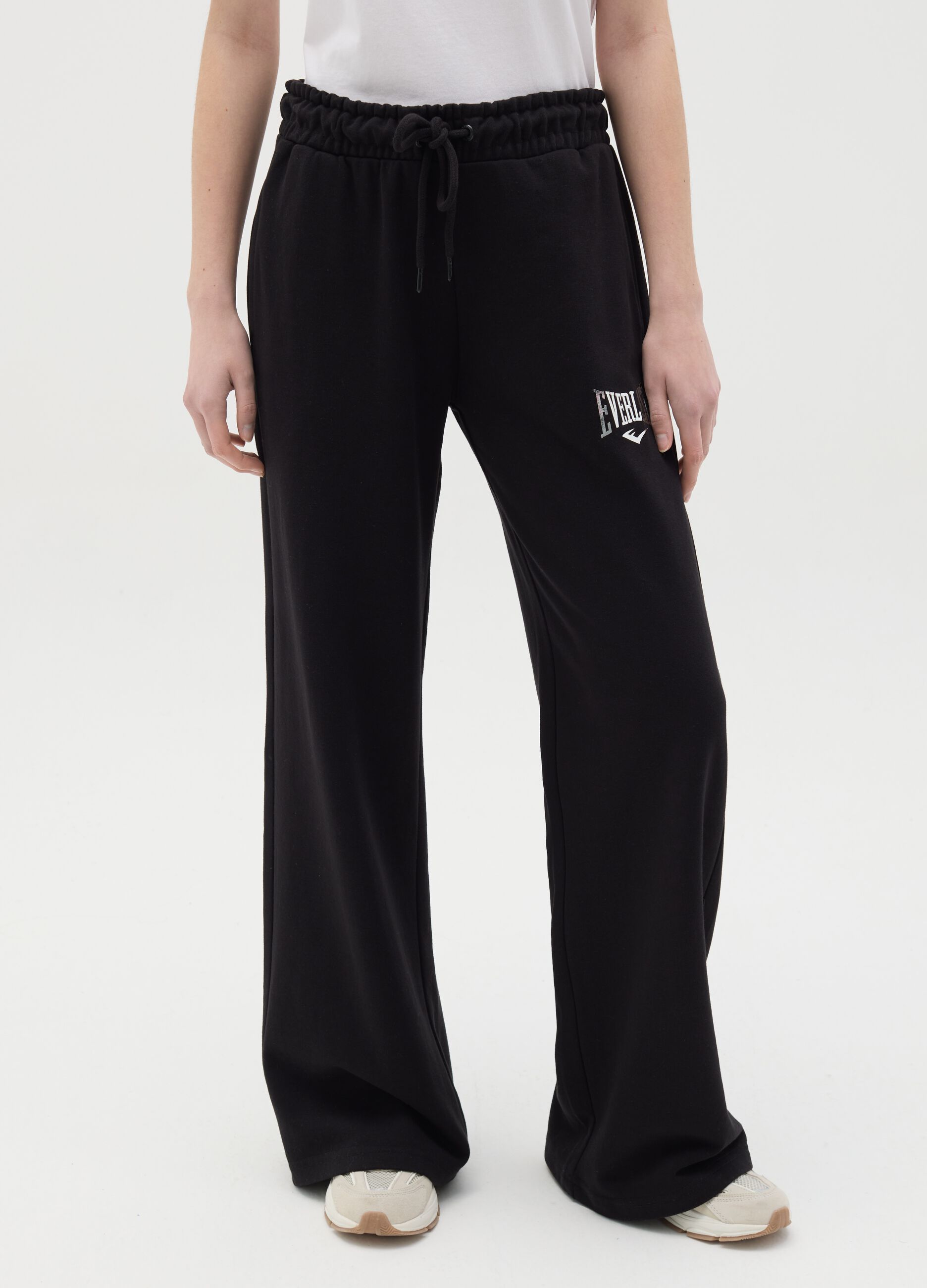 Joggers neri a campana con coulisse e stampa logo