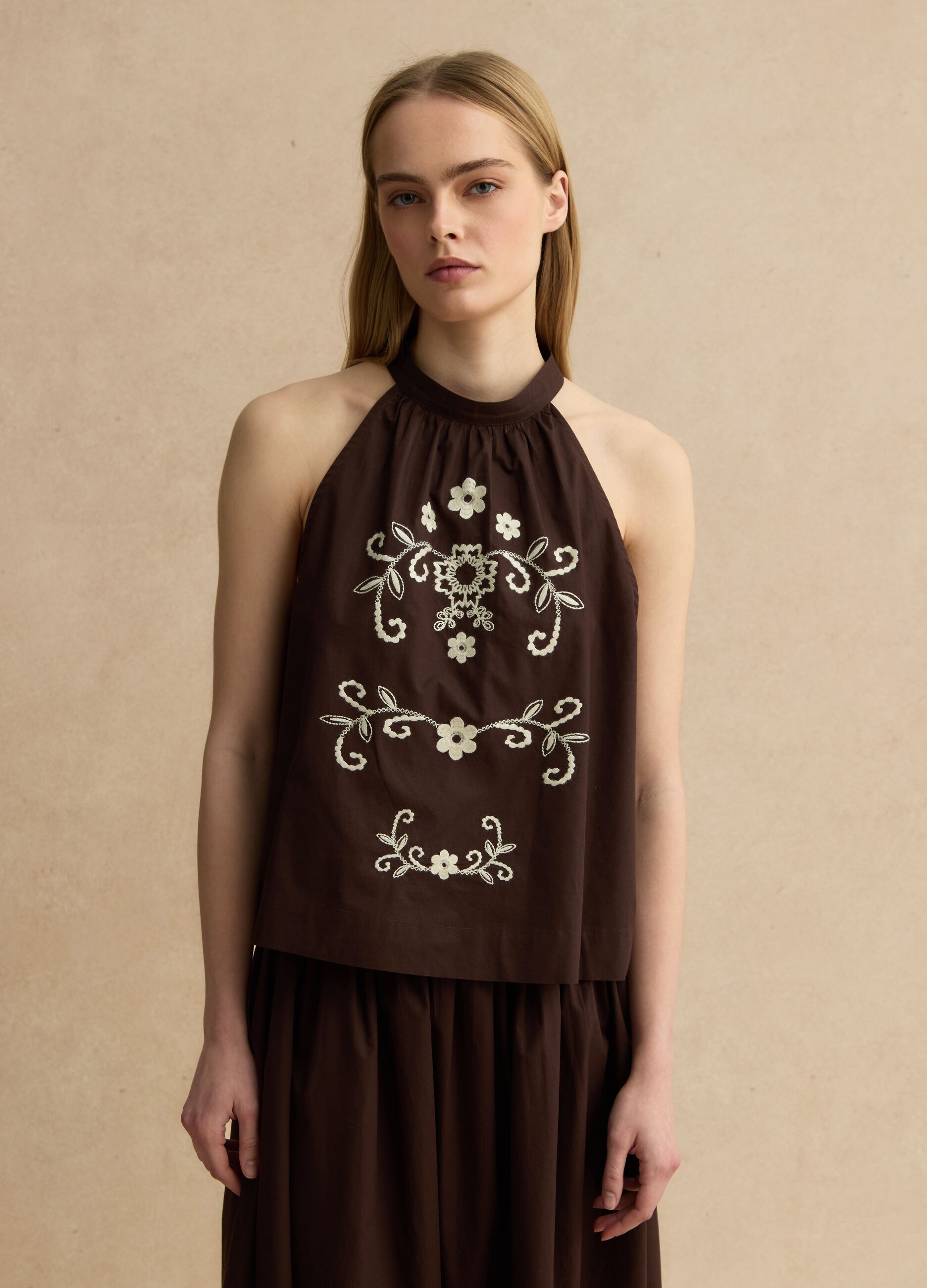 Brown pure cotton blouse regular fit with floral embroidery