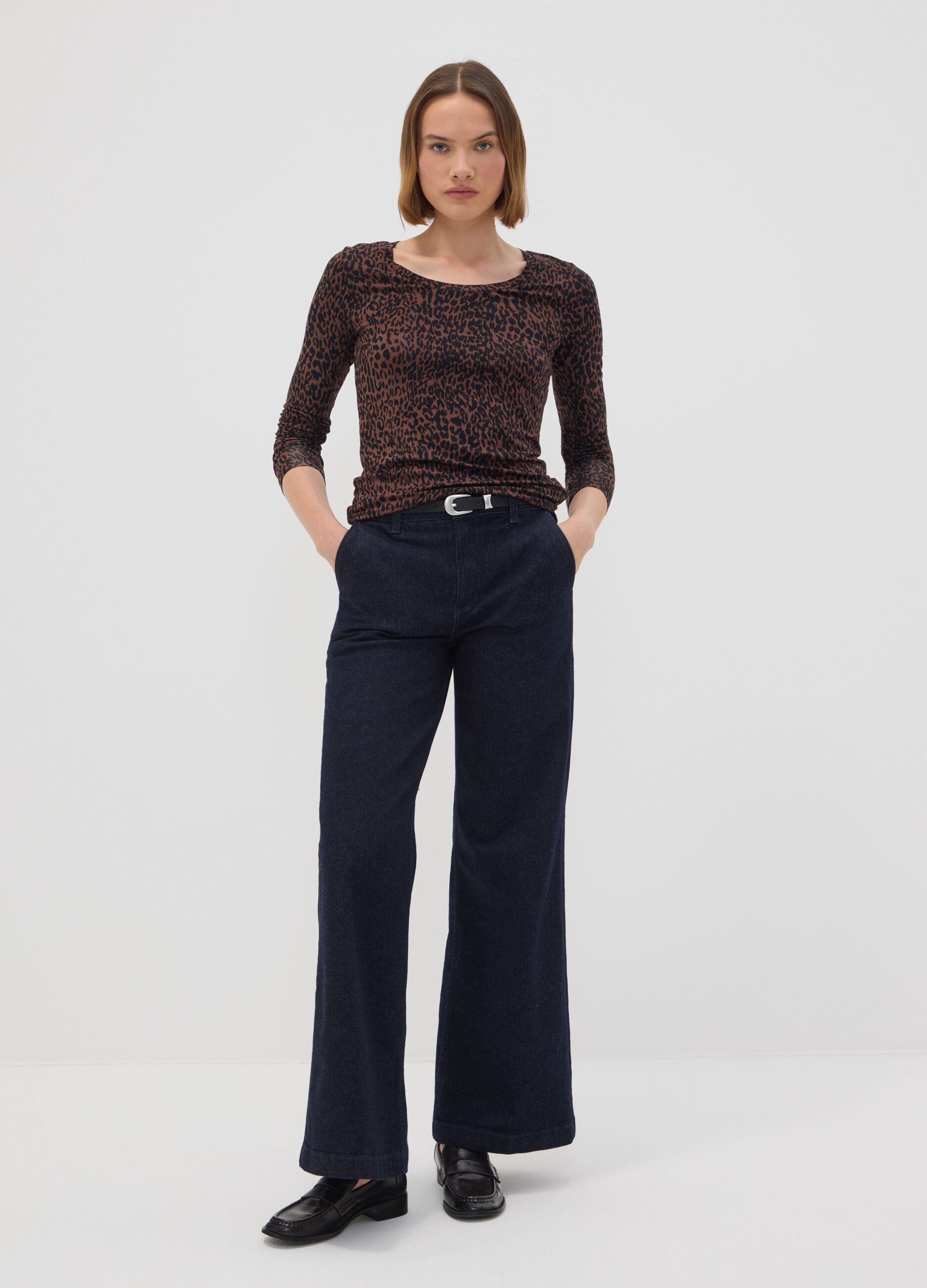 Brown stretch viscose animal-print slim-fit T-shirt