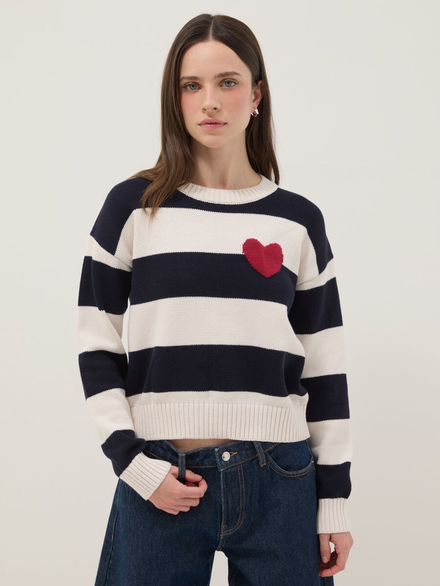 Regular fit multicolour striped cotton blend jumper with heart_1