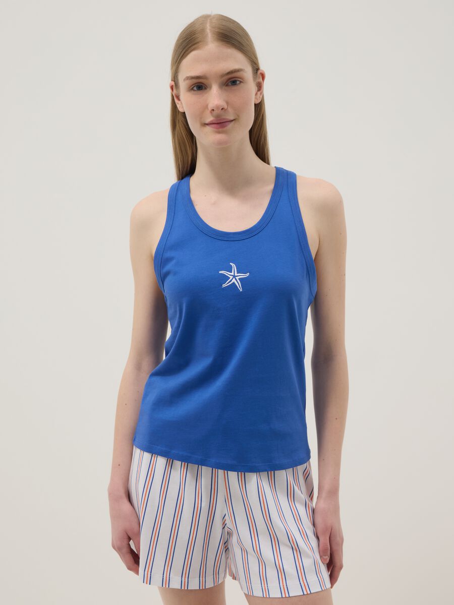 Canotta pigiama in puro cotone blu regular fit con ricamo_1