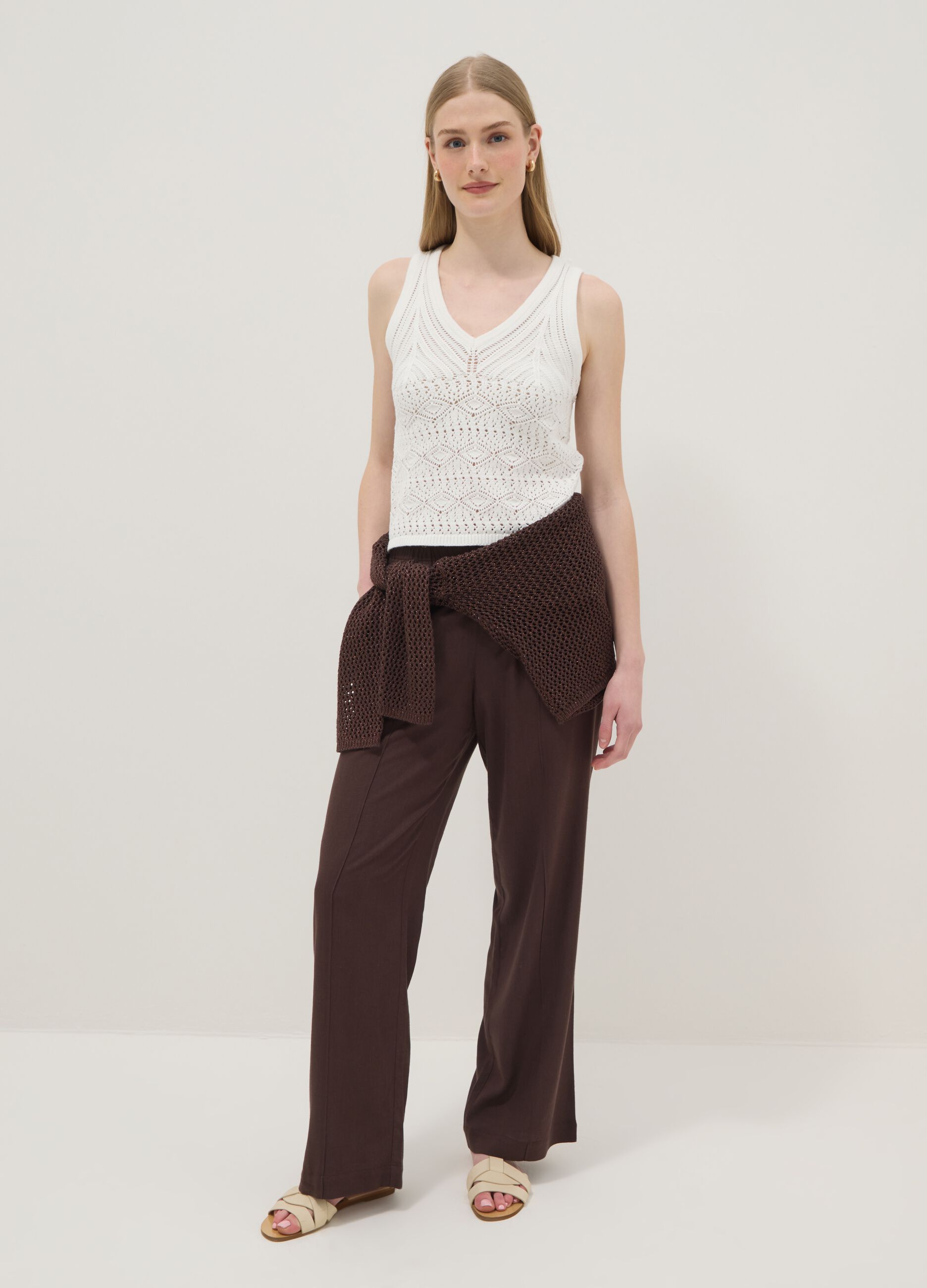 White pure cotton regular-fit tank top with openwork knit pattern