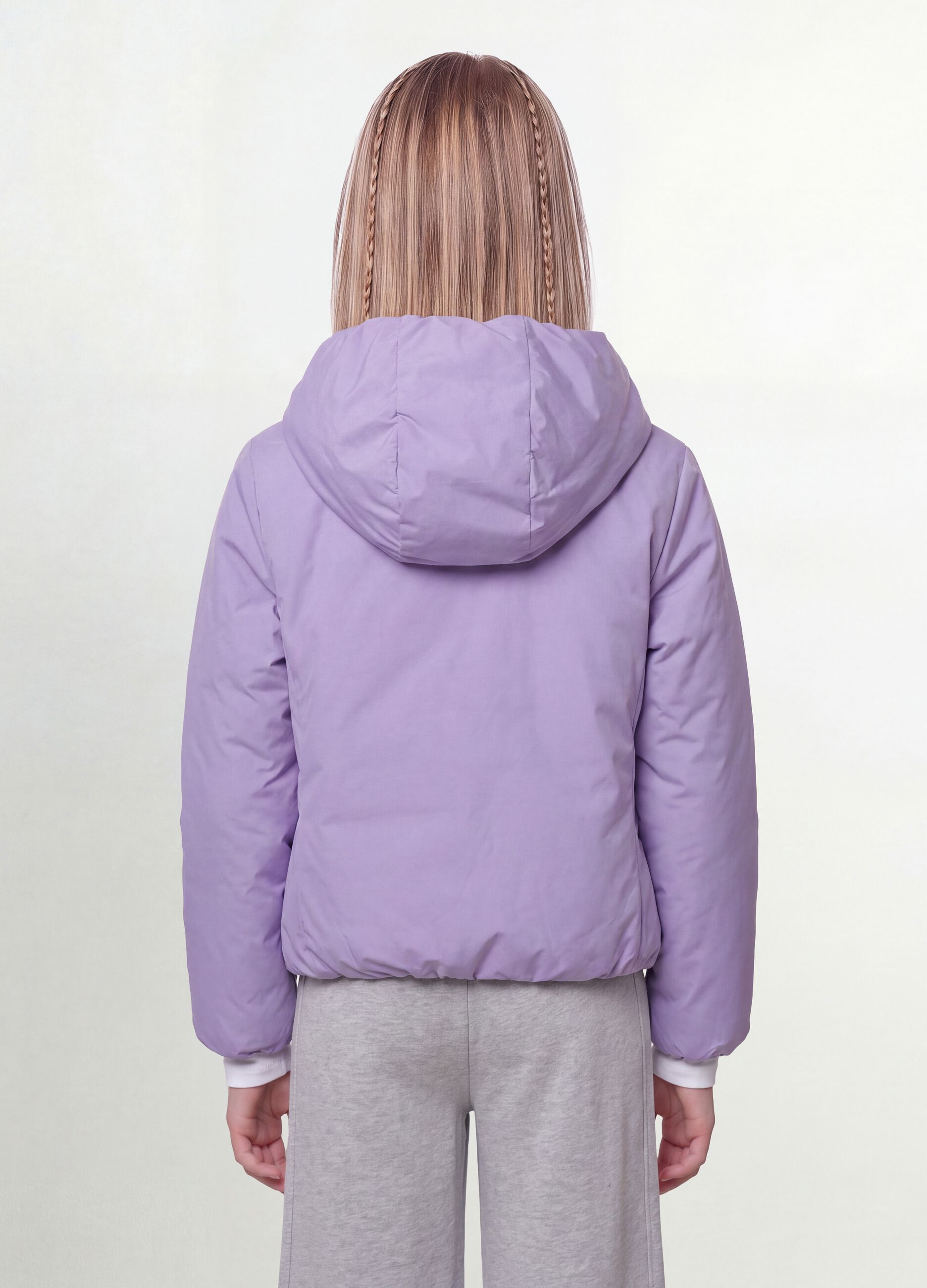 Purple reversible ultralight hooded jacket with zip for girls