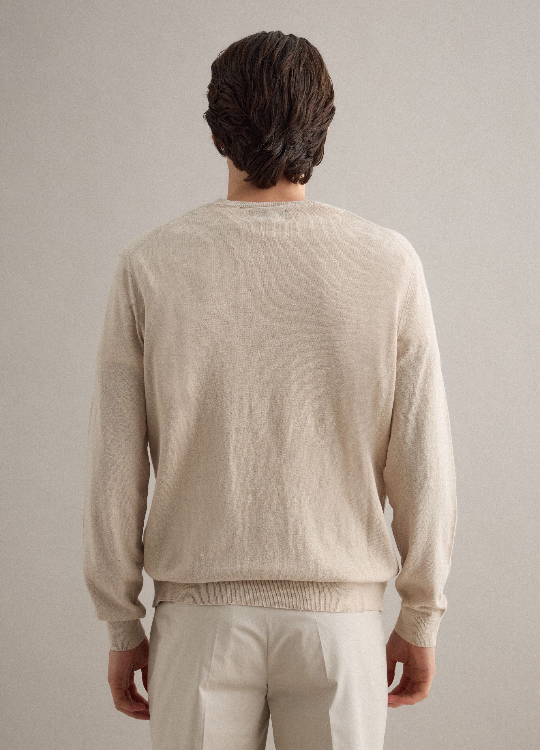 Pullover girocollo in cotone e lino beige regular fit