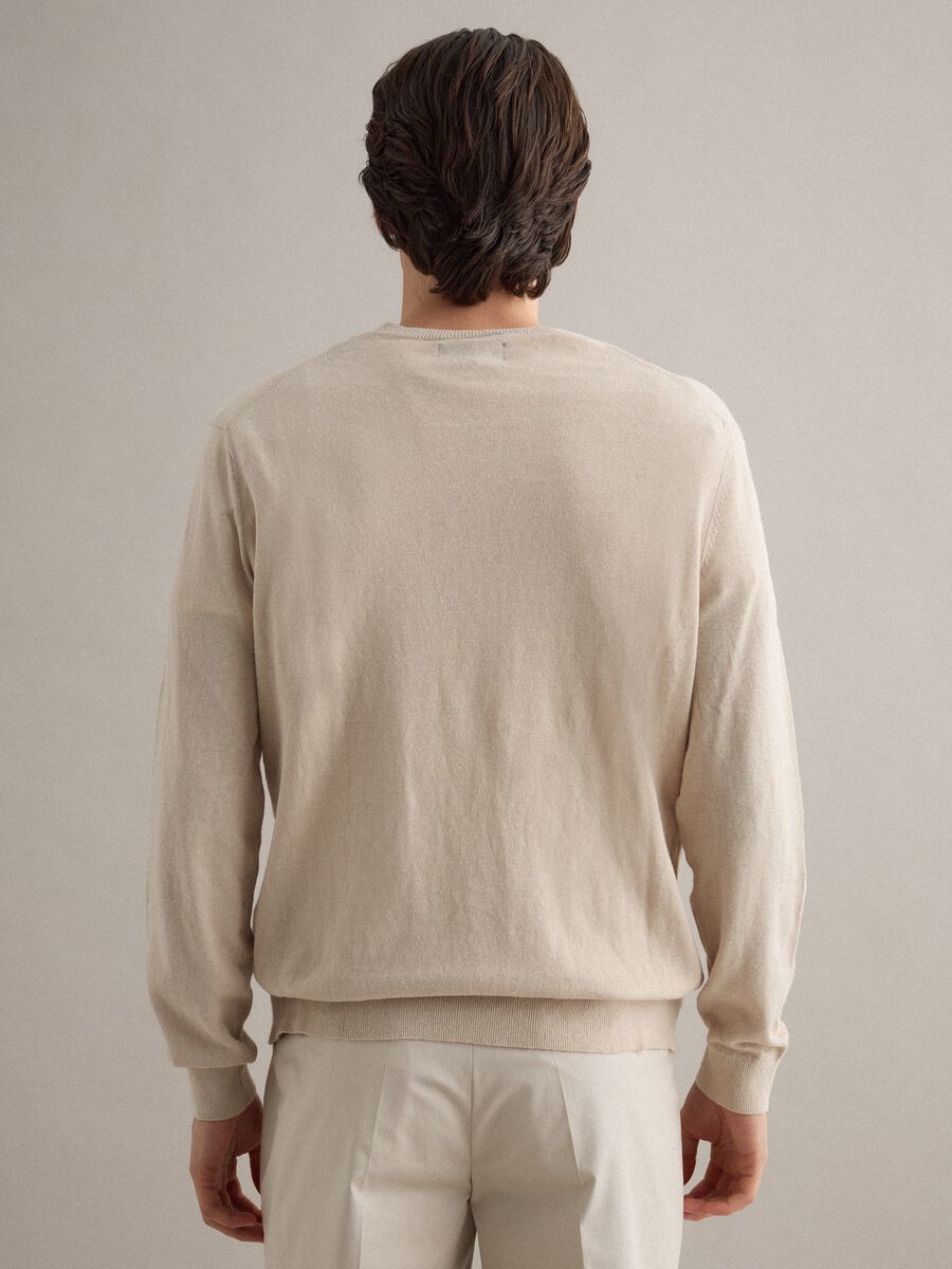 Beige regular fit cotton and linen crew neck pullover_2