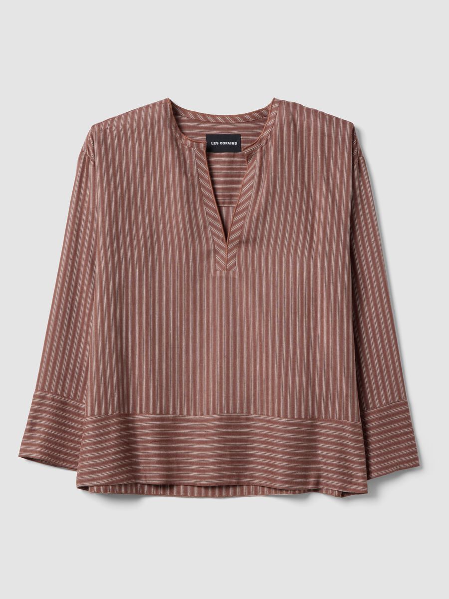 Camicia in misto lino a righe multicolor regular fit con collo coreano_4