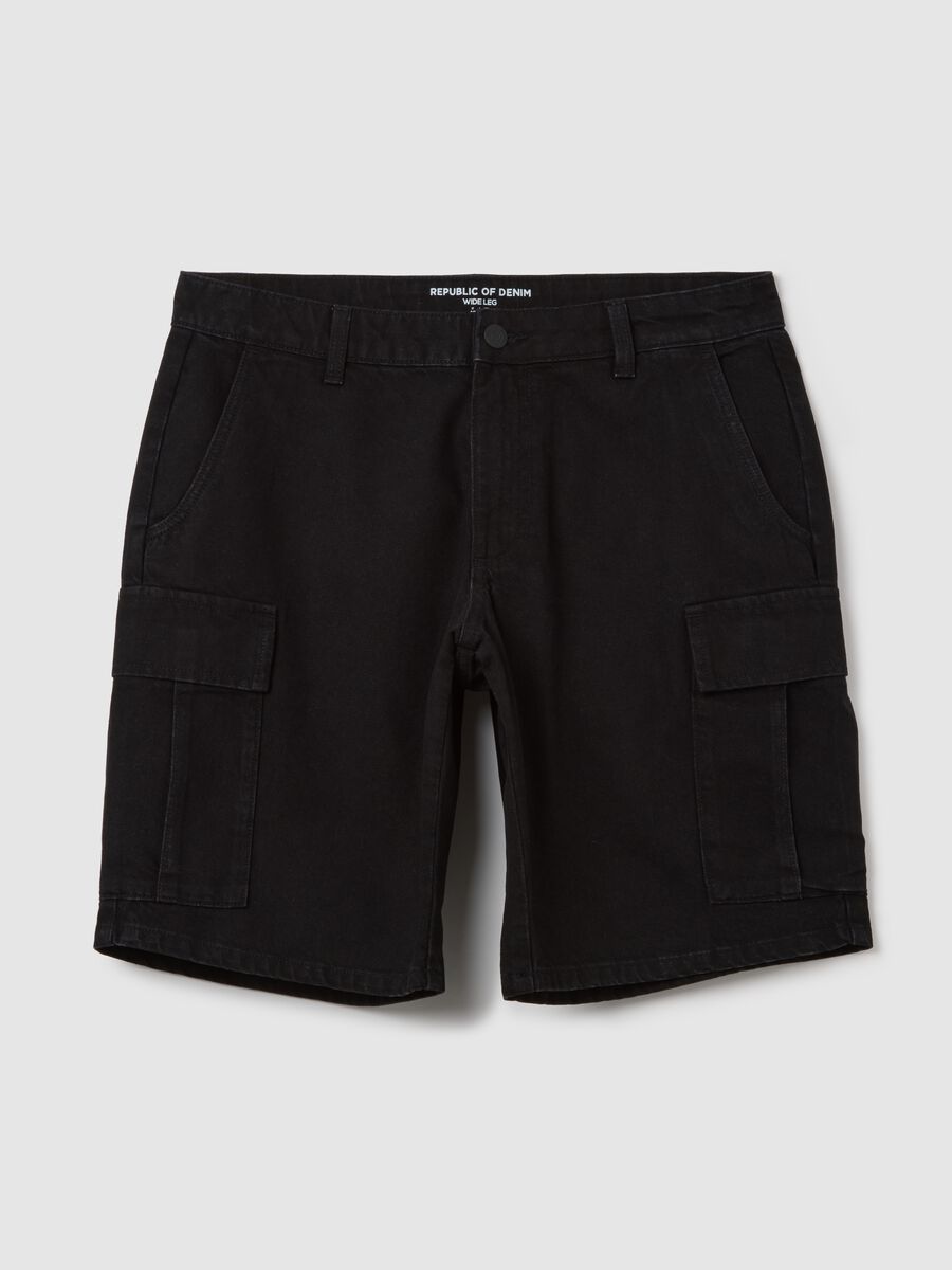 Men's black wide leg pure cotton bermuda shorts_4