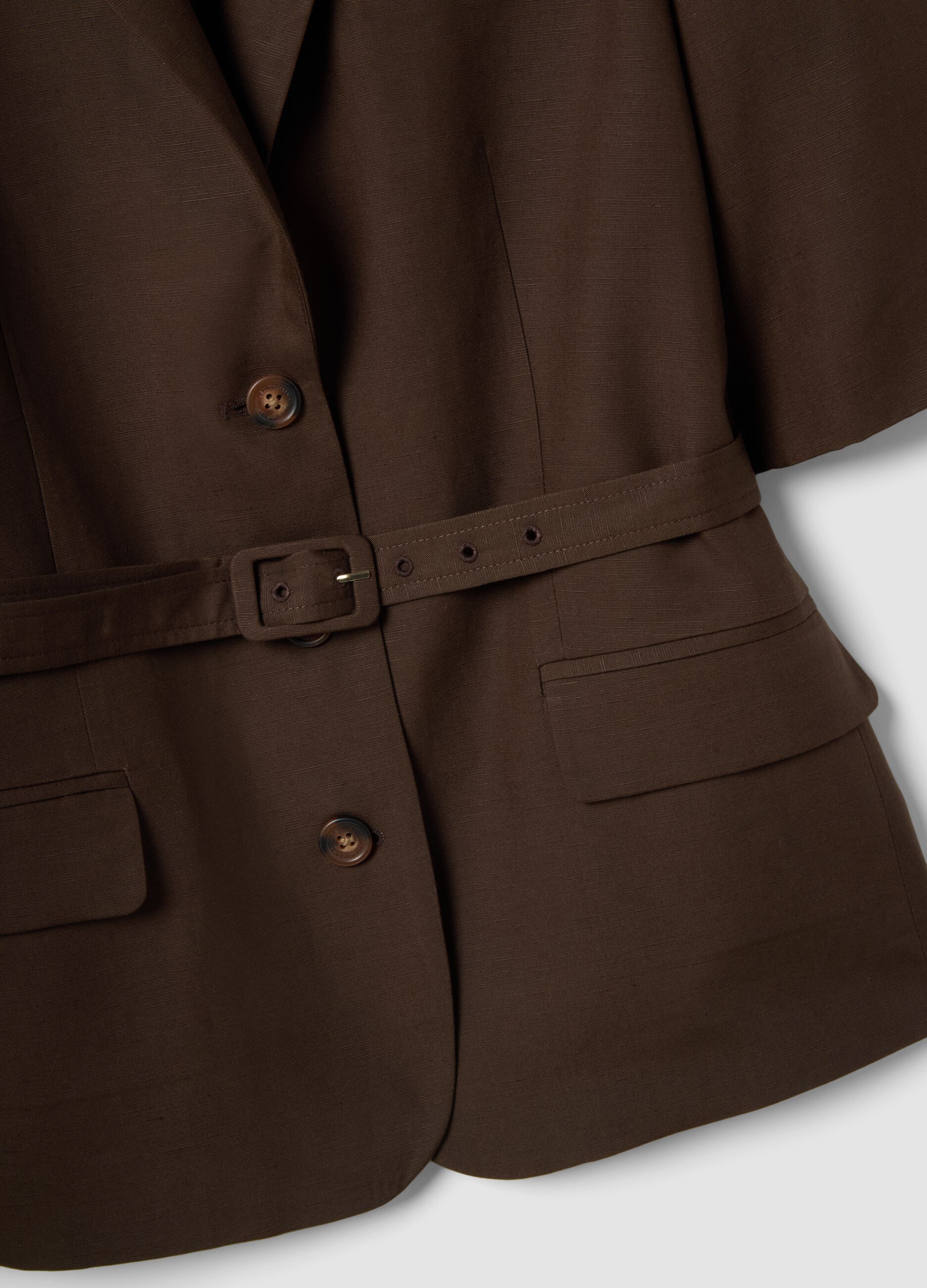 Blazer in misto lyocell e lino marrone regular fit con cintura