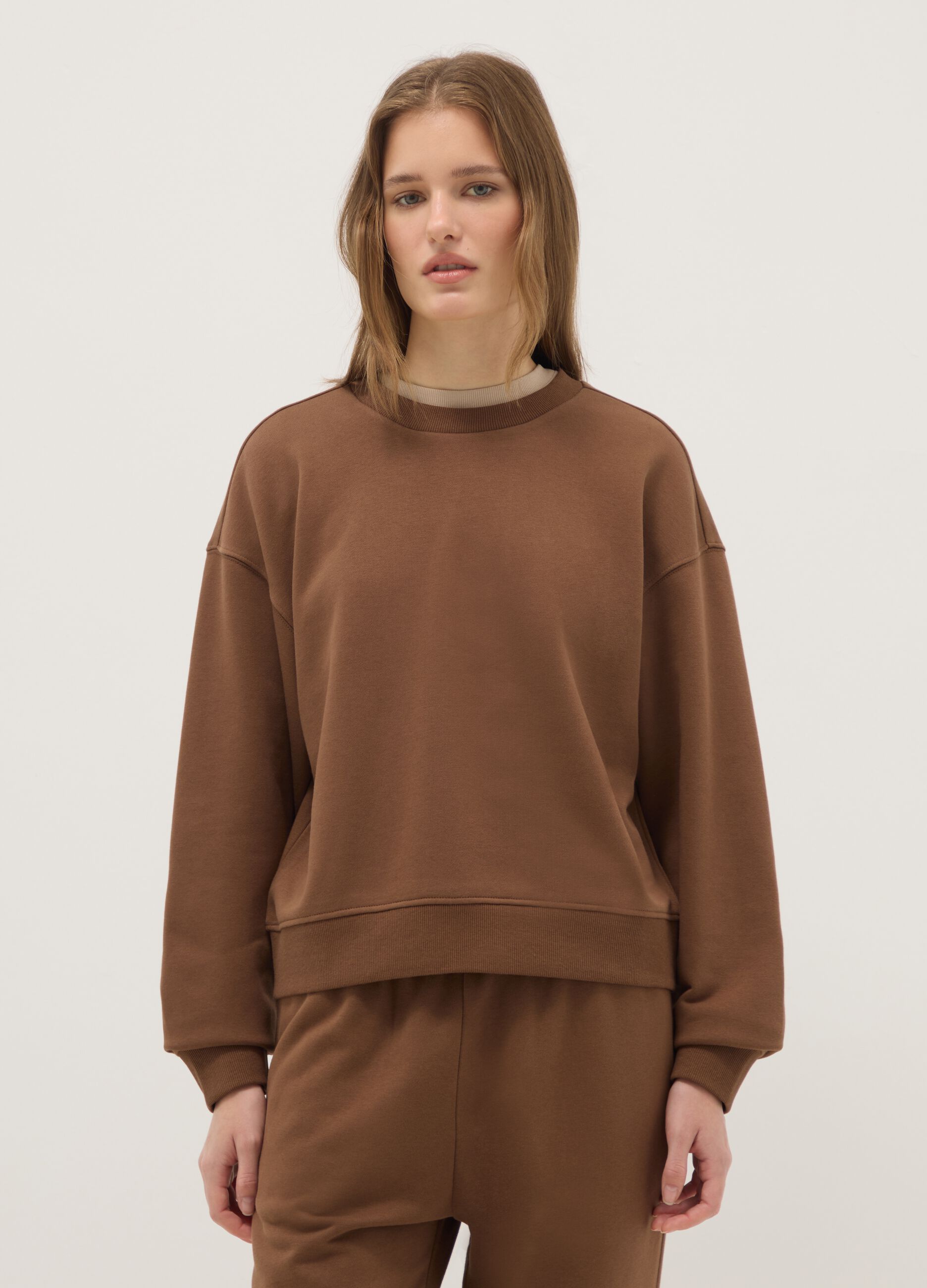 Brown cotton blend regular fit sweatshirt with crew neck