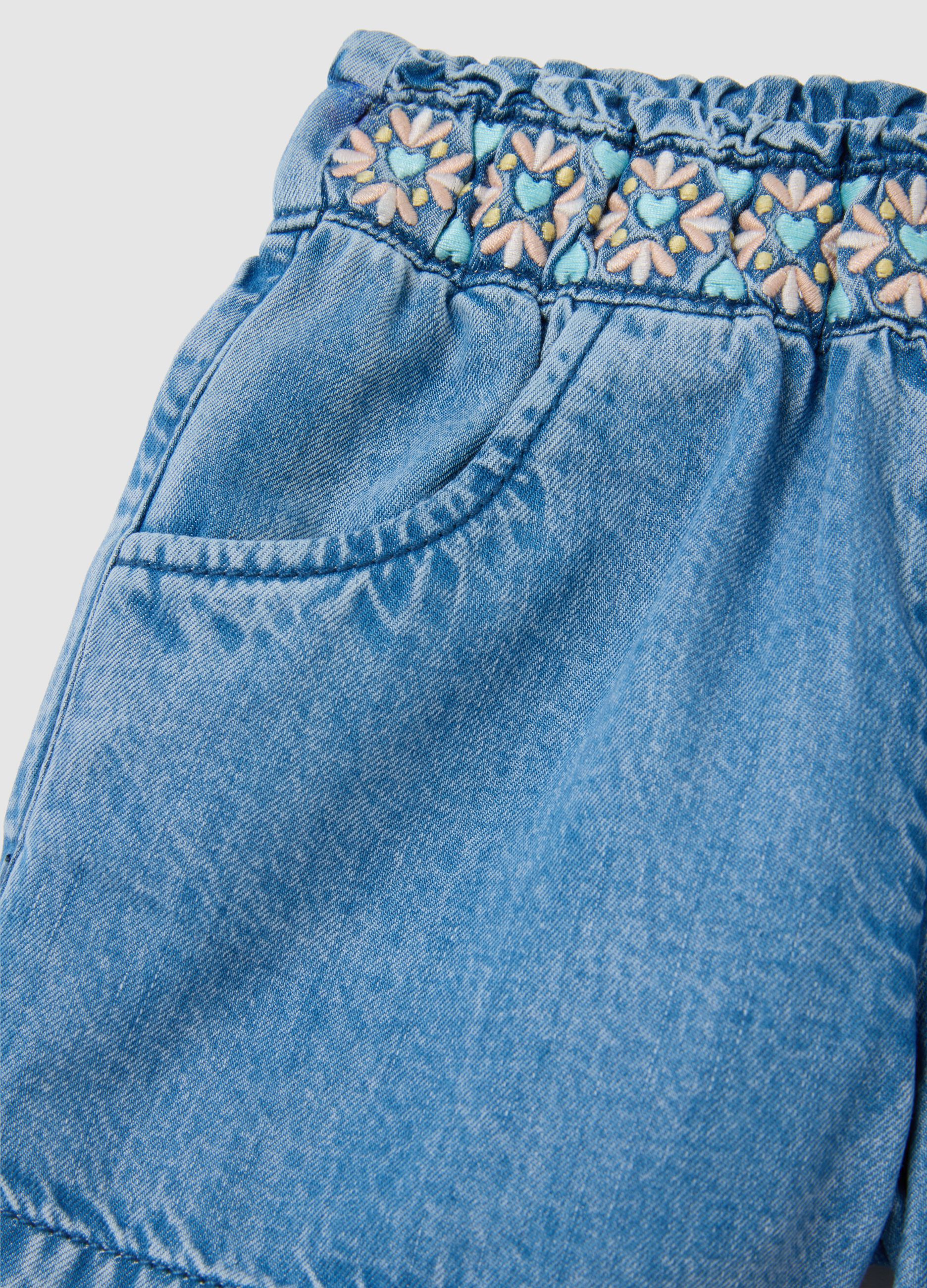 Regular fit denim baby shorts with embroidery
