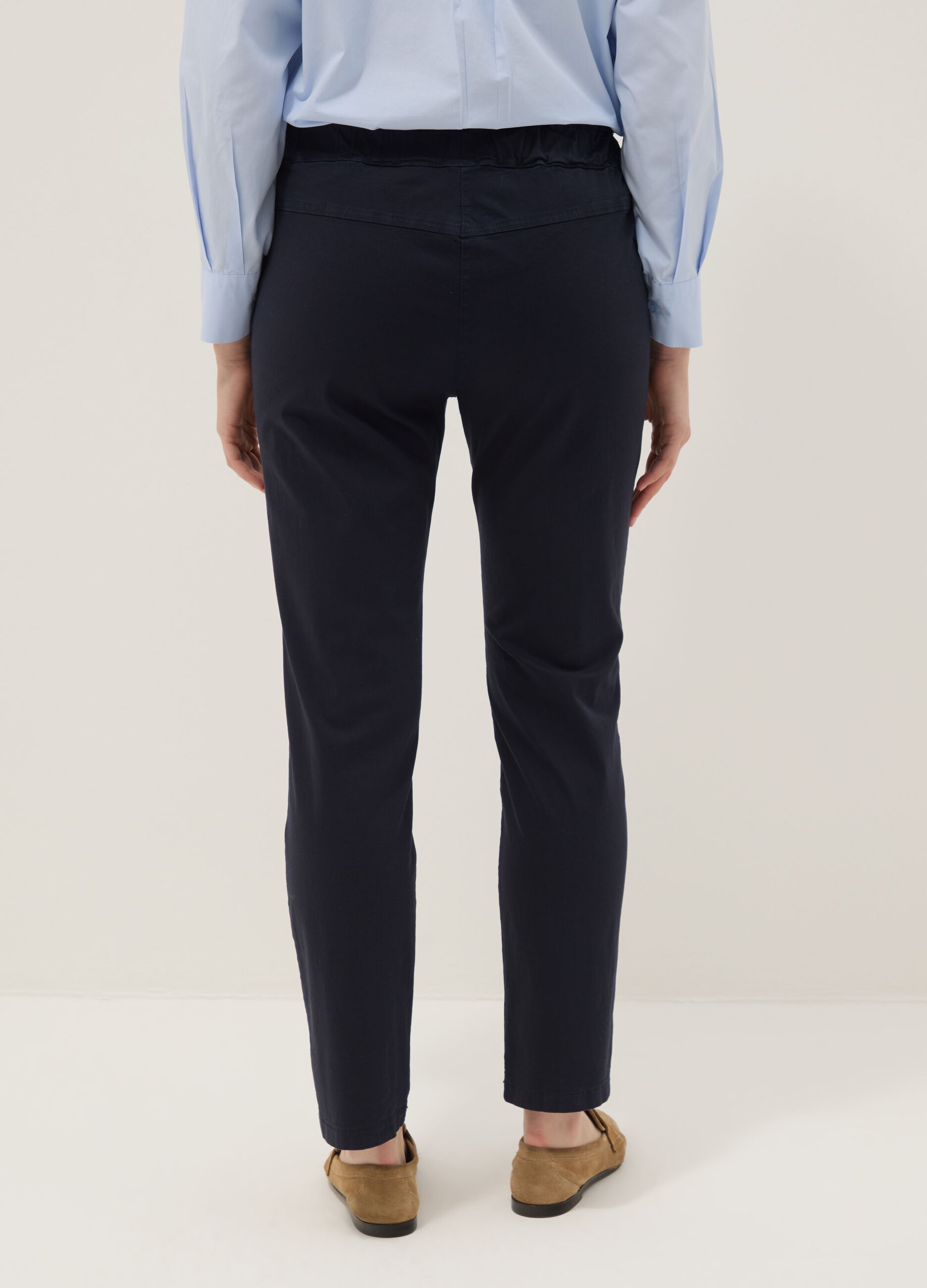 Blue stretch cotton trousers with drawstring