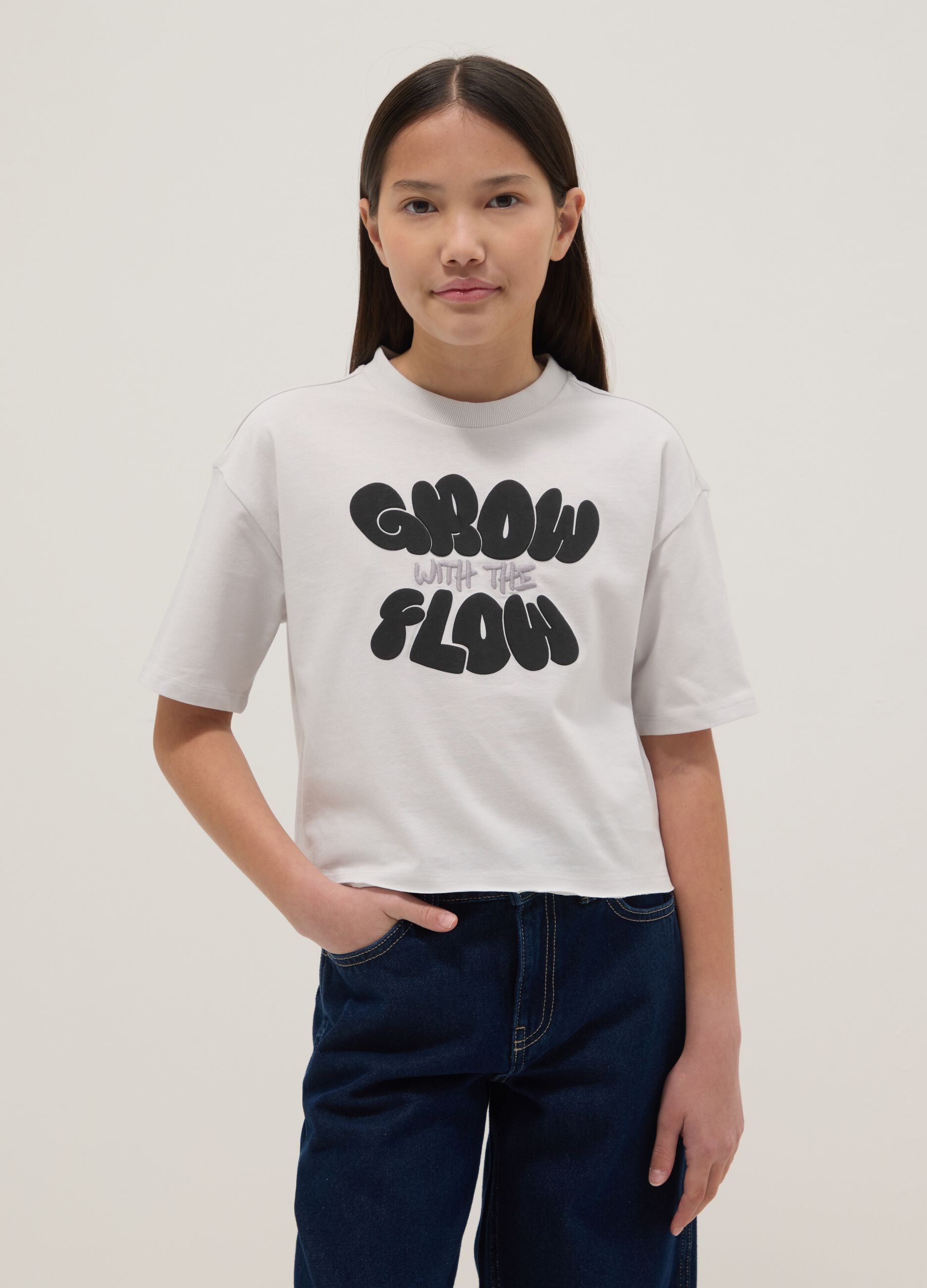 Girls' pure cotton white boxy fit t-shirt with print