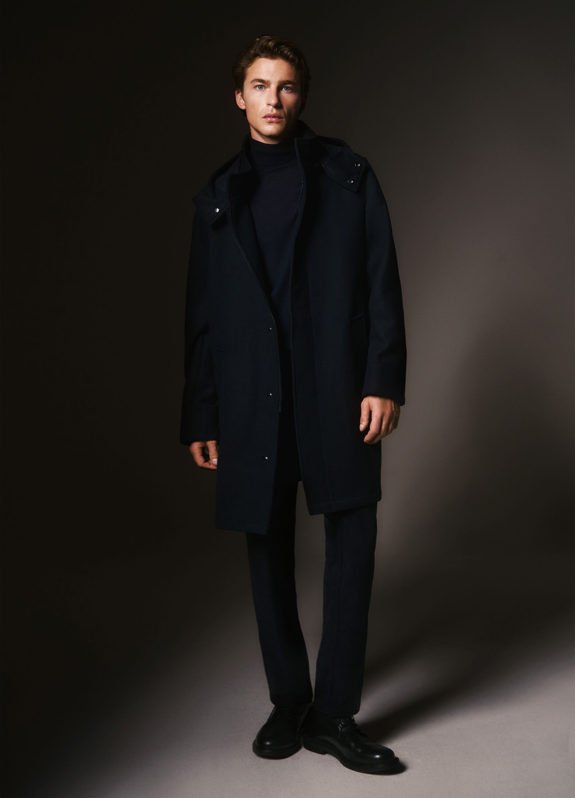 Blue coat with detachable hood regular fit