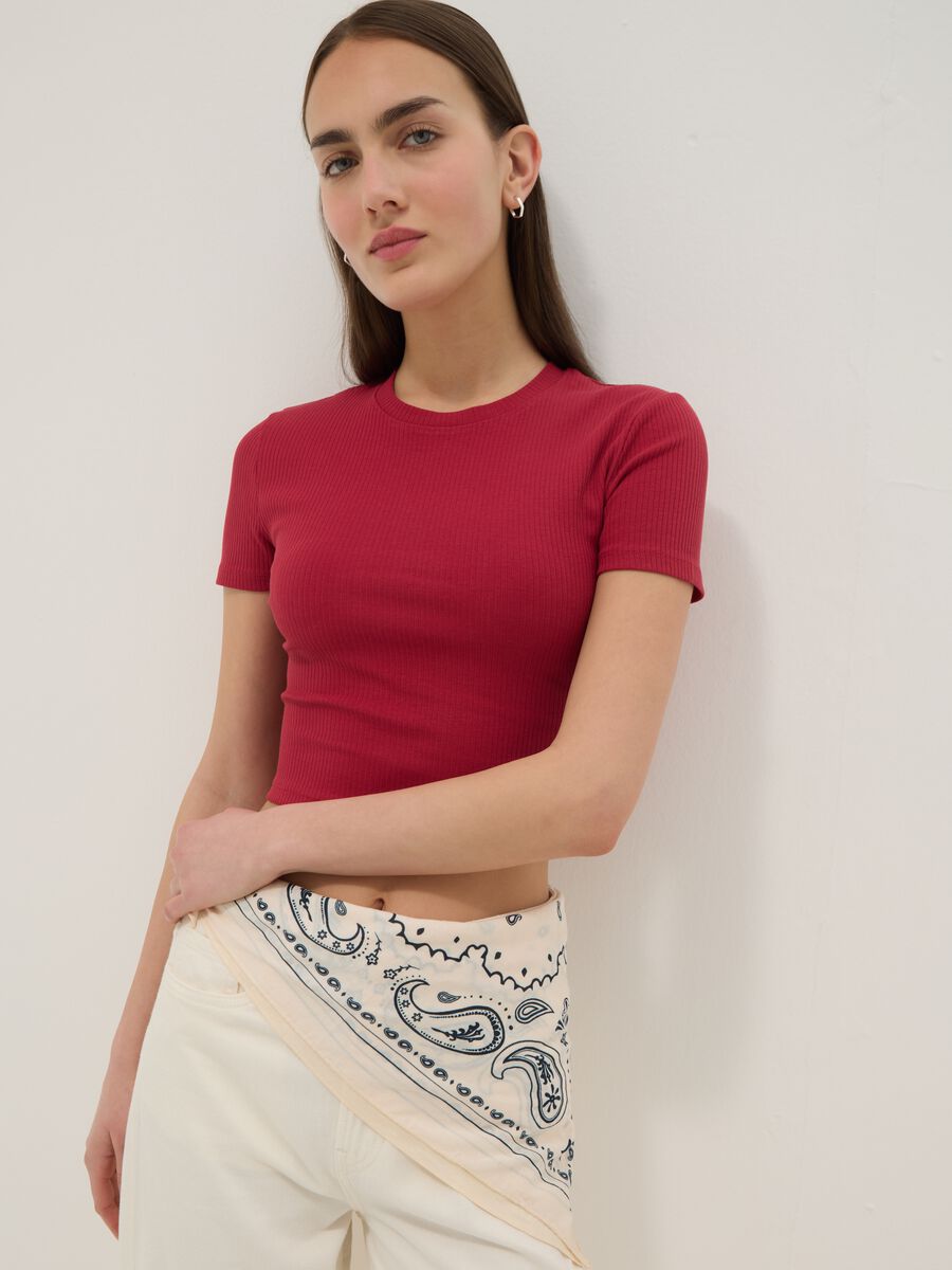 T-shirt fitted in cotone elasticizzato rossa a costine_0