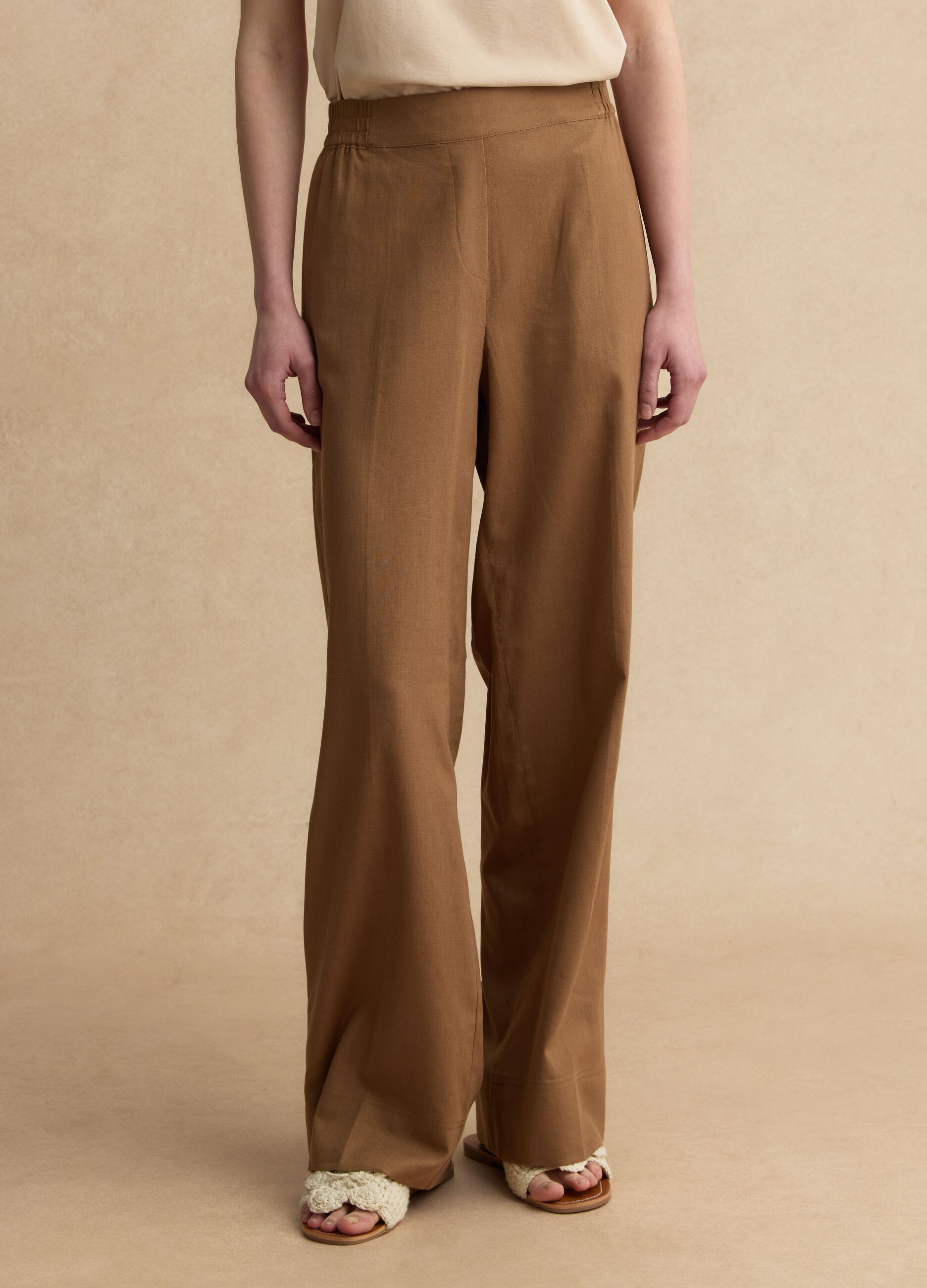 Pantaloni in misto lino e viscosa marroni wide leg