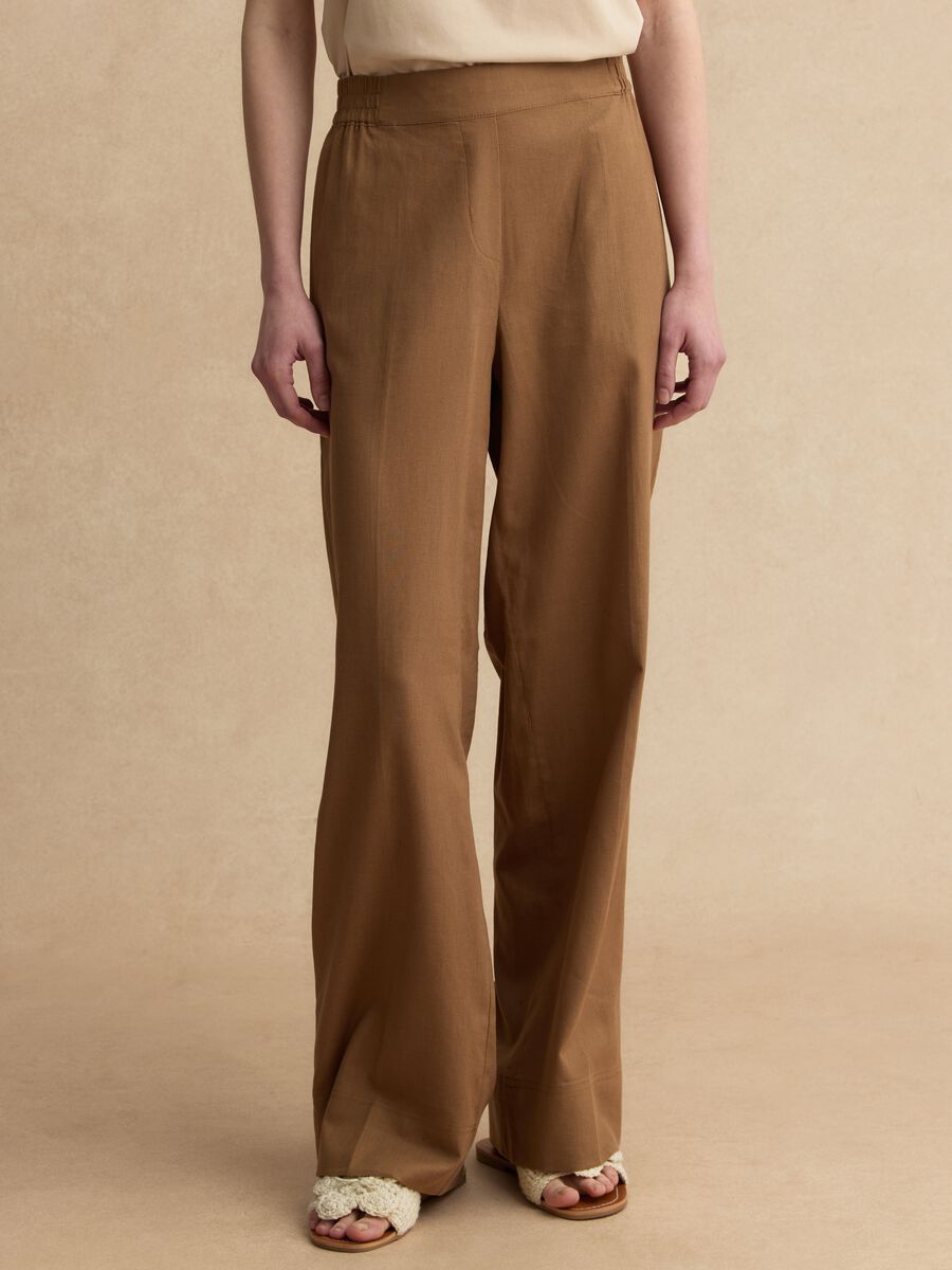 Pantaloni in misto lino e viscosa marroni wide leg_1