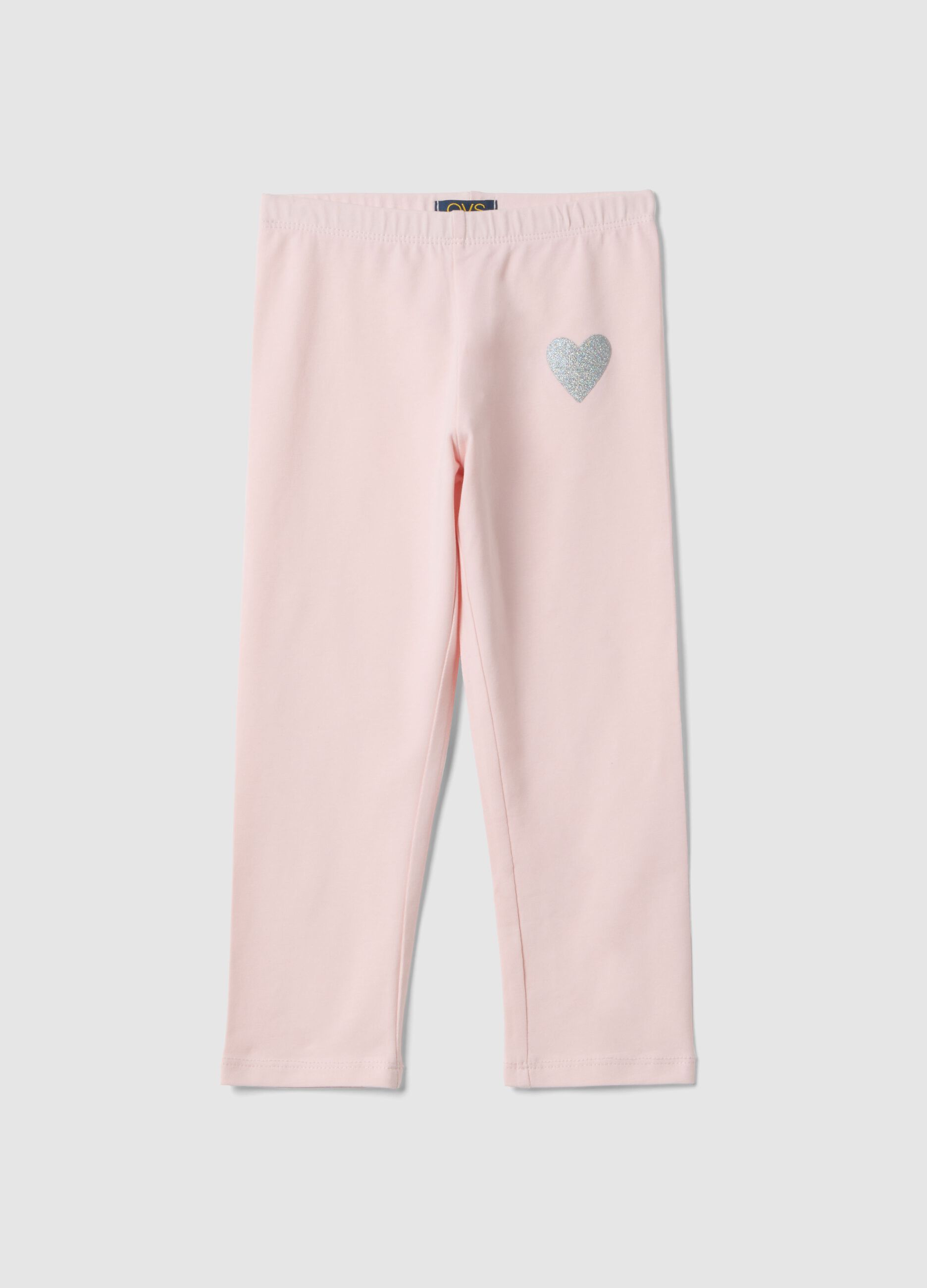 Girls' pink elasticated cotton leggings slim fit with heart