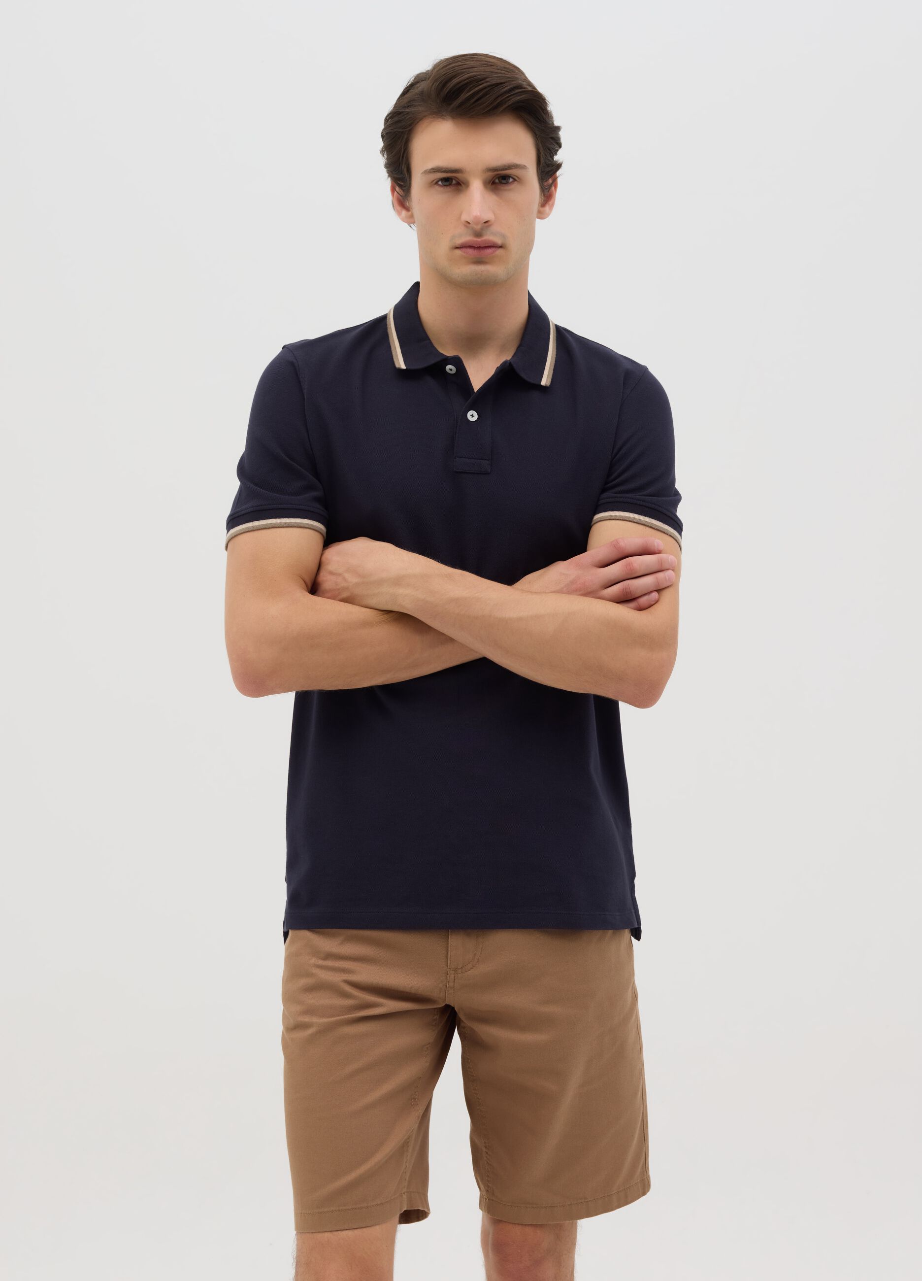 Blue short sleeve polo shirt in pure cotton