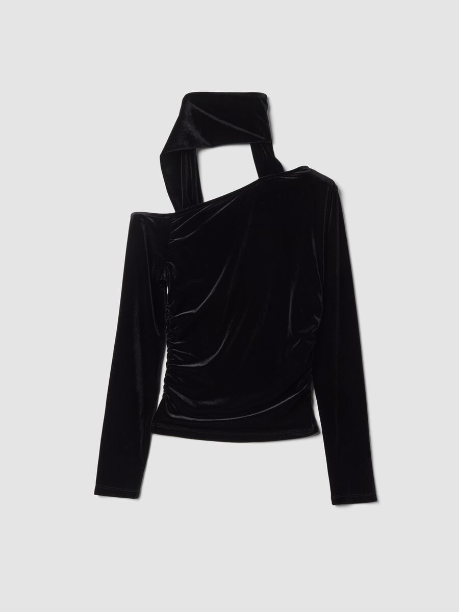 Top nero in tessuto elasticizzato con girocollo_2