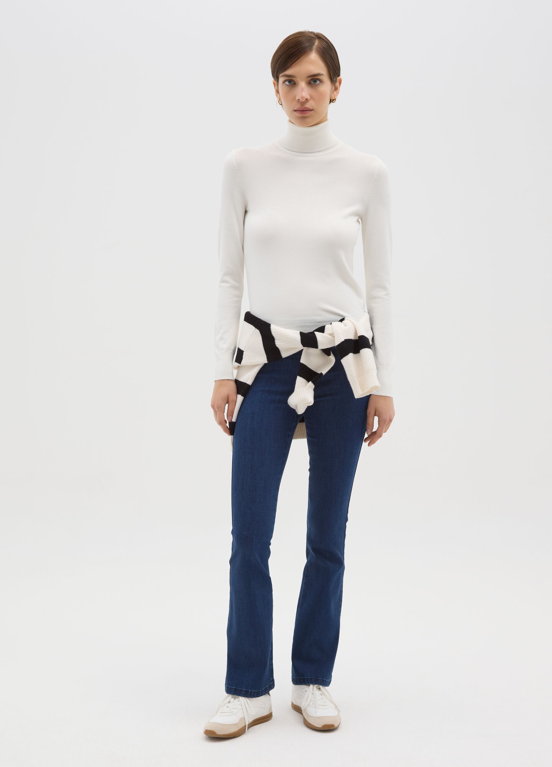 Blue Cotton Blend Flare Trousers