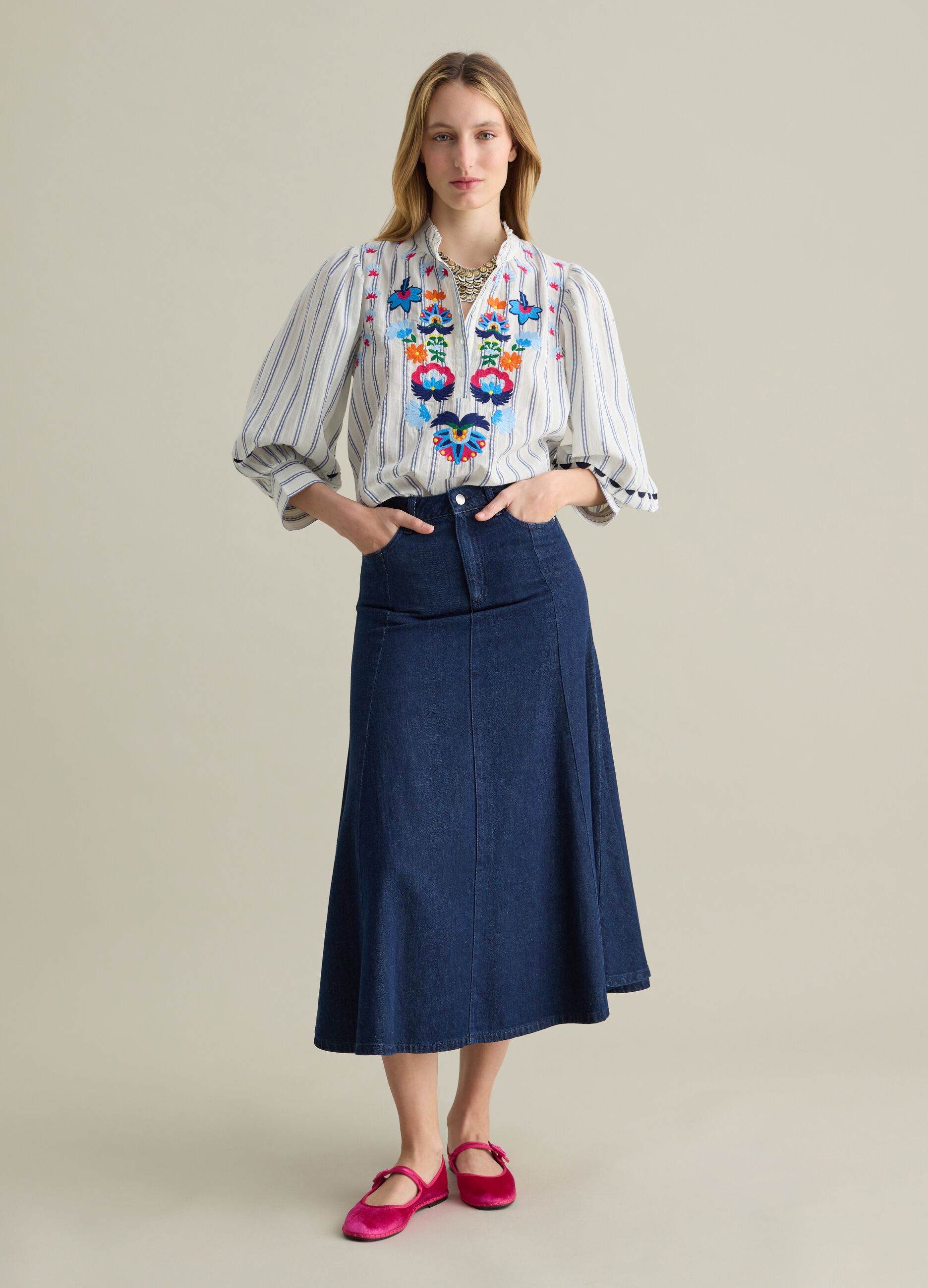 Blusa da donna in puro cotone multicolor regular fit con ricamo