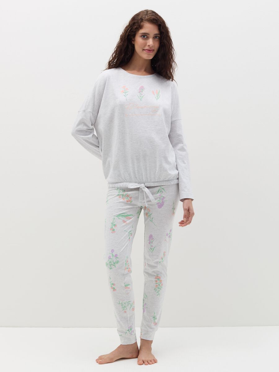 Long pyjamas with drawstring and flowers print_0
