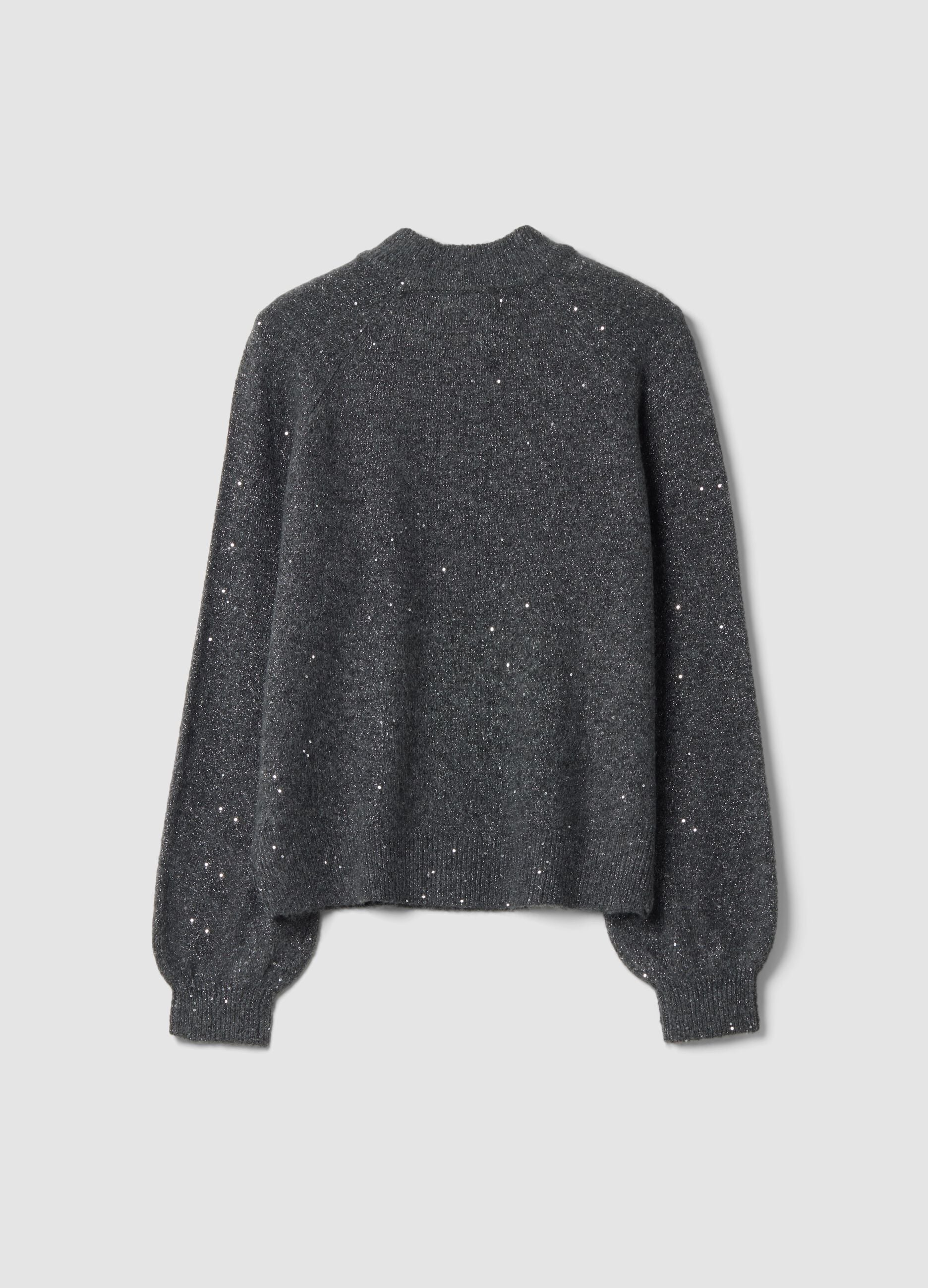 Grey marl stretch top with high neck and sequins